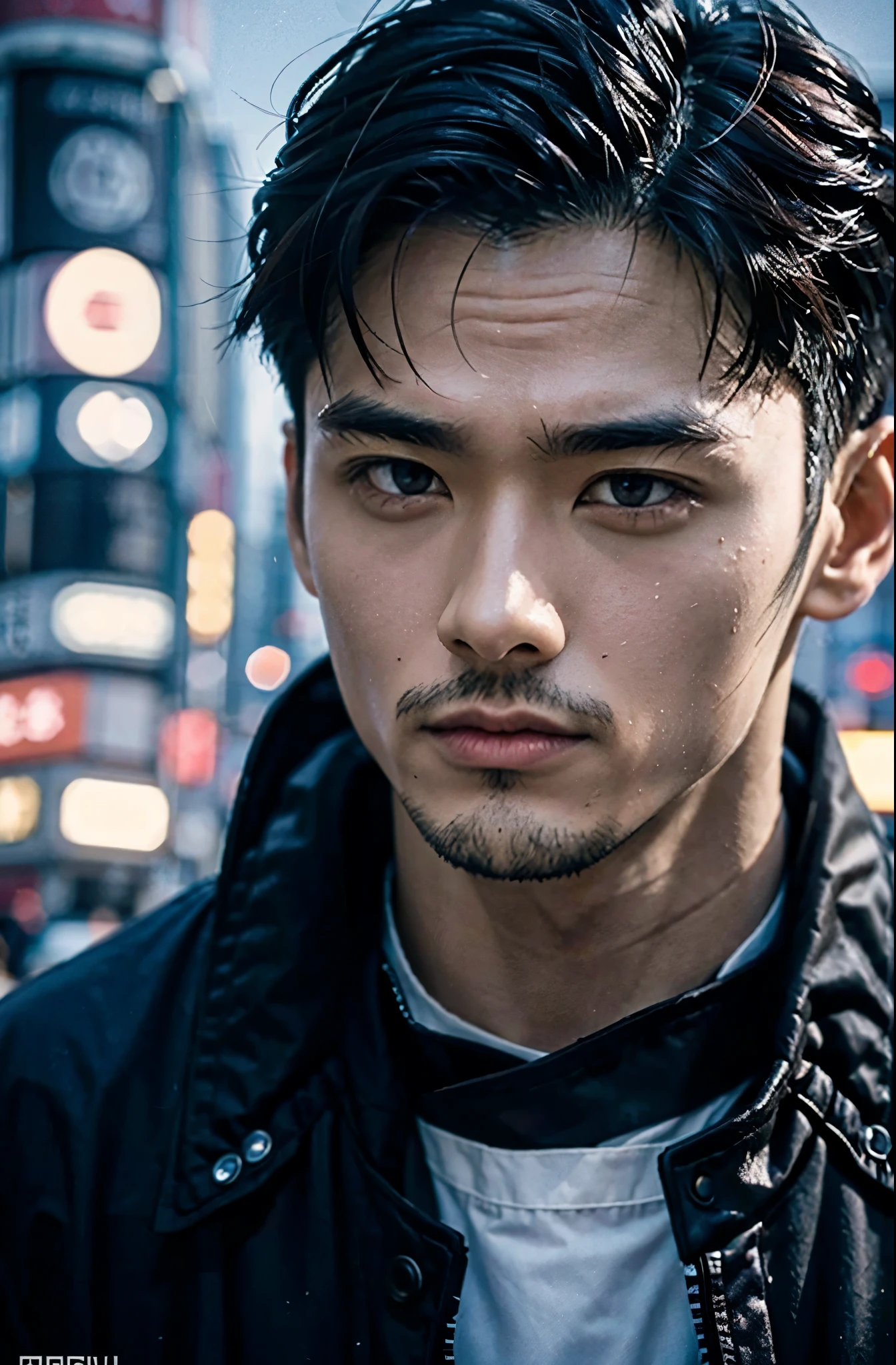 Photorealsitic, 8K full body poster, japanes, a 25-year-old man, serious facial expression, Sharp eyes, A charming expression, detailed face details, Rugged skeleton, TOKYOcty, Winters, Shibuya in the background