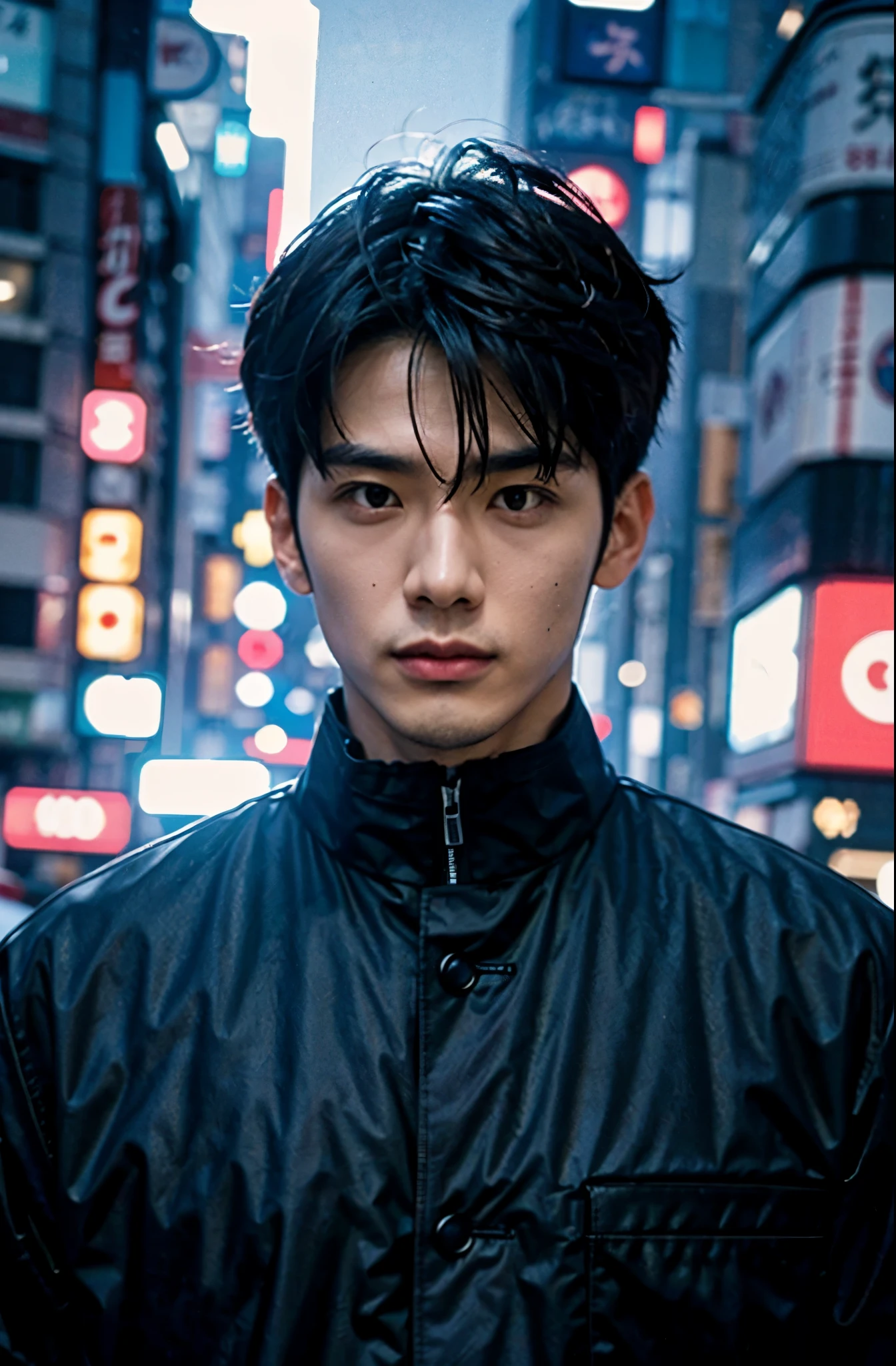 Photorealsitic, 8K full body poster, japanes, a 25-year-old man, serious facial expression, Sharp eyes, A charming expression, detailed face details, Rugged skeleton, TOKYOcty, Winters, Shibuya in the background