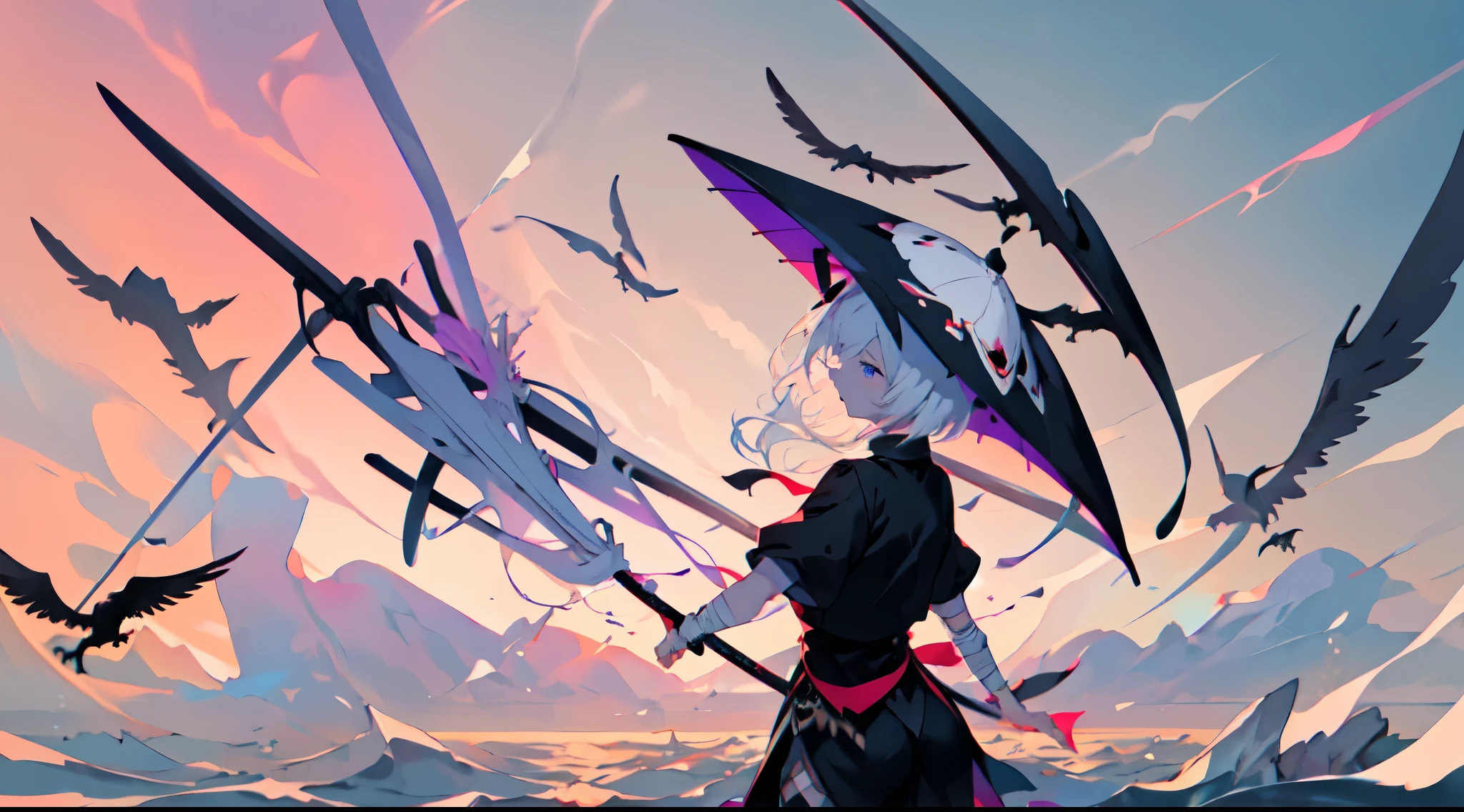 Anime girl with a sword and a bird in the sky - SeaArt AI