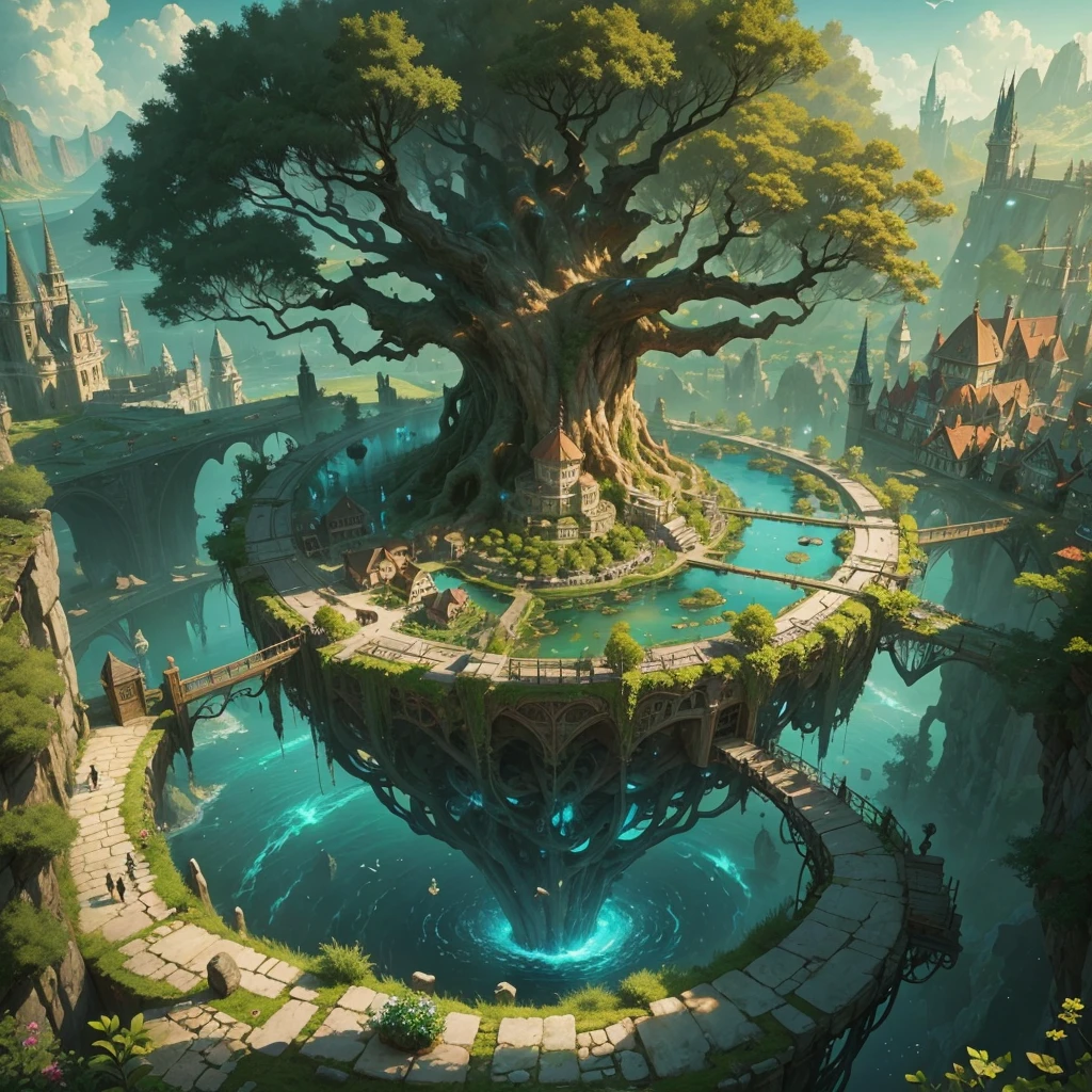 ((fanciful))The farthest aerial view, an island in the sea, There is a giant tree as big as the world on the island, Here are the basics of a natural magician, This is a magical city with a fantasy style, The giant tree is surrounded by the buildings of the Magic Academy and the village。and the sun was shining brightly，a complete city-state，Gorgeous magic array,trpical garden