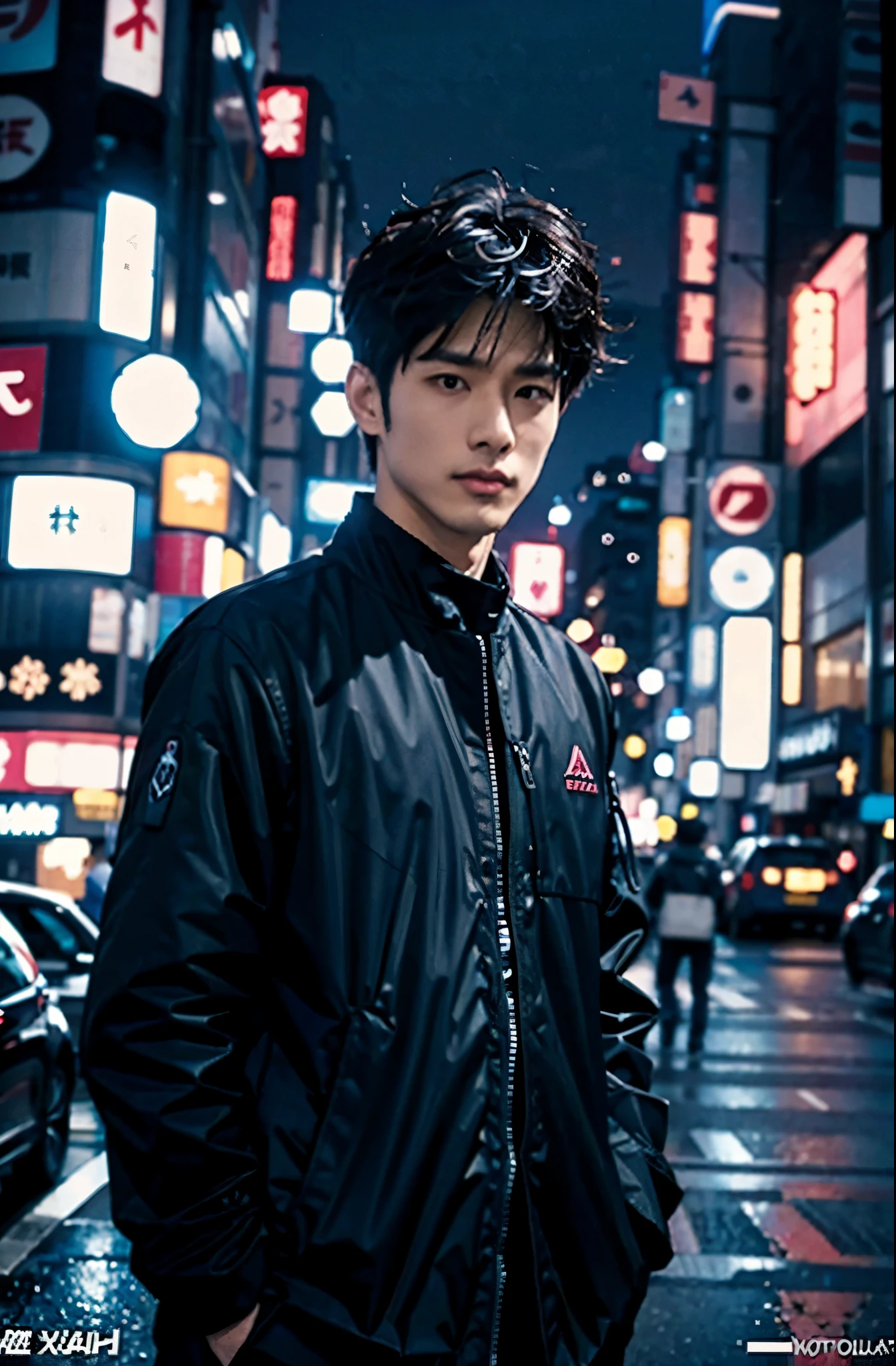 Photorealsitic, 8K full body poster, japanes, a 25-year-old man, serious facial expression, Sharp eyes, A charming expression, detailed face details, Rugged skeleton, TOKYOcty, Winters, Shibuya in the background