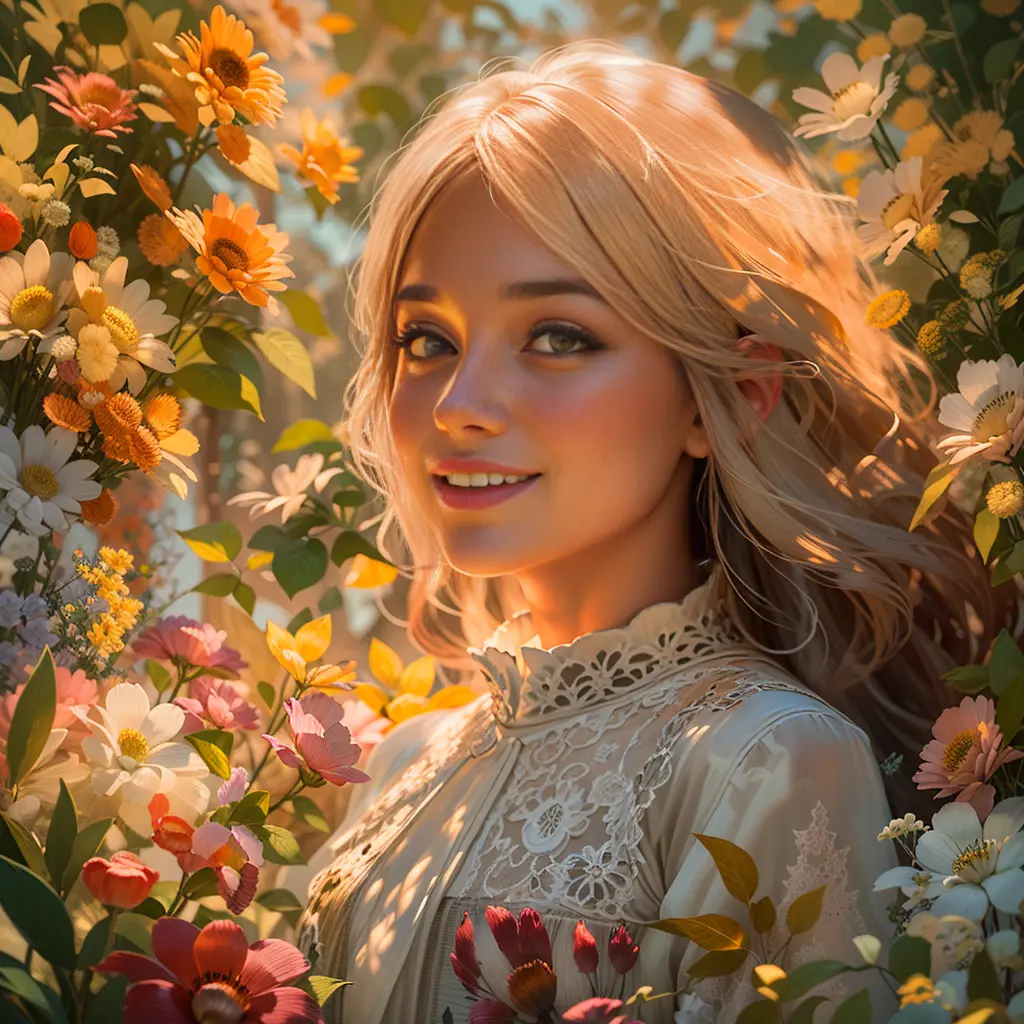A girl standing in a vibrant garden, surrounded by colorful flowers, with the sunlight beautifully casting shadows on her face. ...