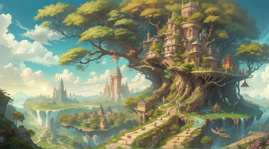 (Fantasy),The farthest aerial view, an island in the sea, There is a huge tree on the island that is as huge as the world, This is the base of natural magicians, It is a fantasy-style magic city, The giant tree is surrounded by the buildings of the Magic Academy and the village。the Sun Shining，A unbroken city-state，Magnificent magic circle,garden,((In the distance there is a very majestic tower surrounded by plants.))