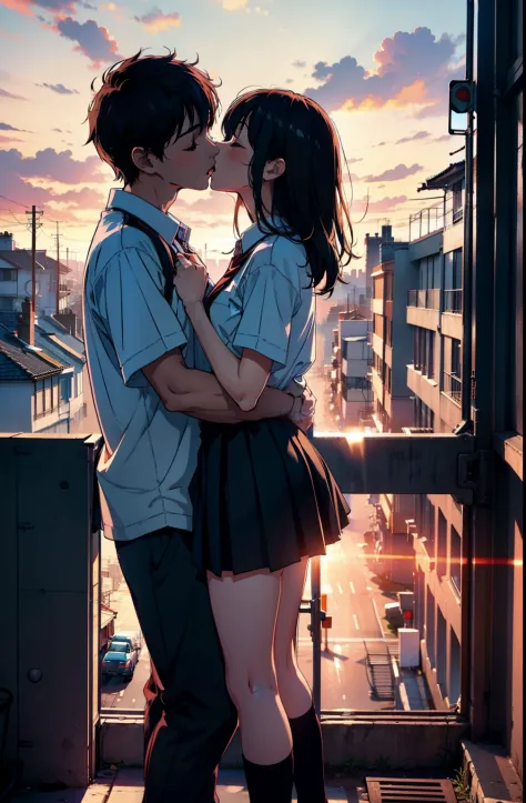 a couple, hetero, 1boy, 1girl in, cuddling, kiss, school_uniforms, backlight, sunset, school_terraces,kiss, french kiss, tongue ...