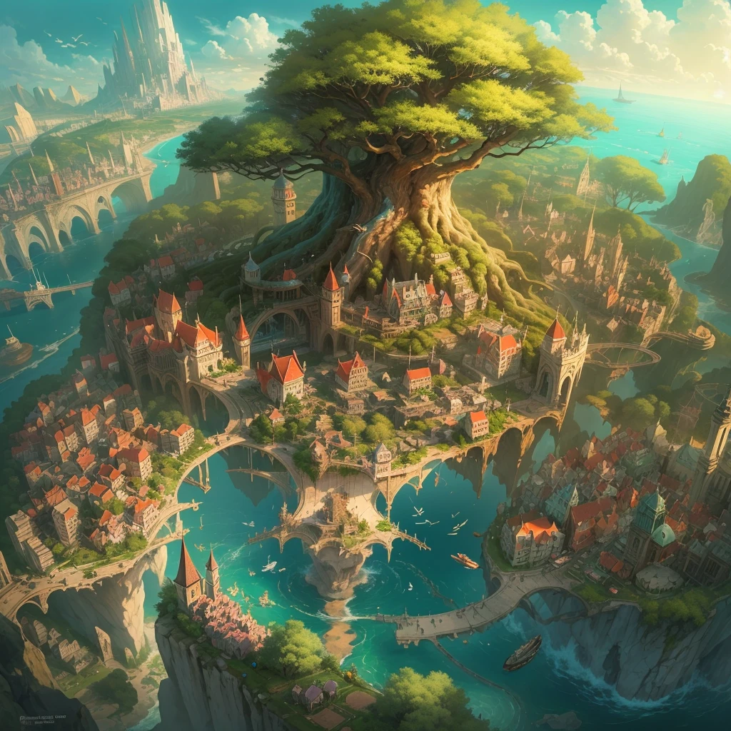 The farthest aerial view, an island in the sea, There is a huge spiritual tree on the island that is as huge as the world, Here are the basics of a natural magician, This is a magical city with a fantasy style, The giant tree is surrounded by the buildings of the Magic Academy and the village。and the sun was shining brightly，continuous city-state