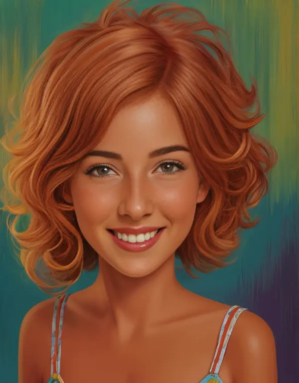 there's a woman with a big smile on her face, in illustration style digital, oilpainting style, retrato colorido detalhado, pint...