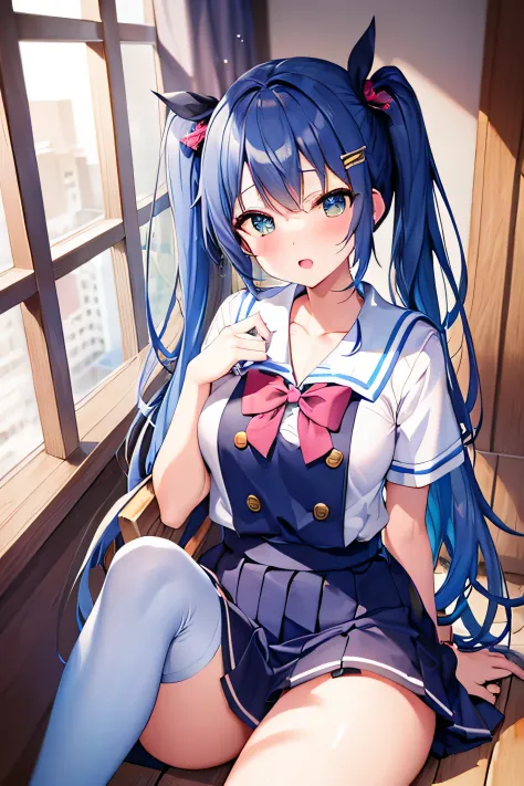 ​masterpiece、Top image quality、超A high resolution、miku hatsune、blue hairs、Twin-tailed、Blushing、mock、Open your mouth just a littl...