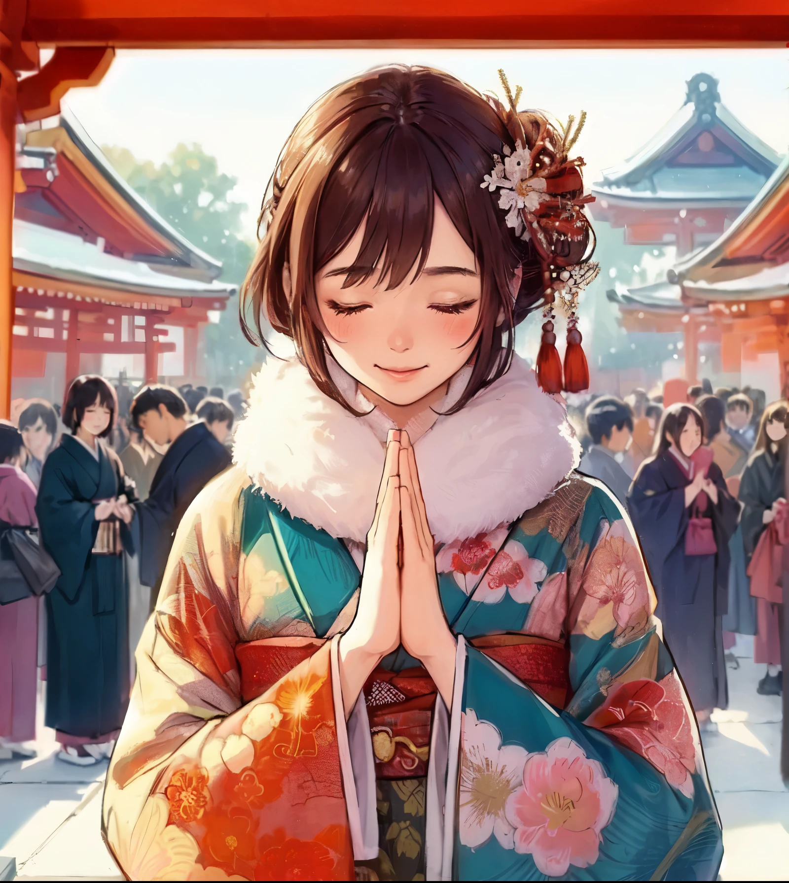 1lady solo, (bringing palms together (in front of face:1.2):1.2), (vibrant kimono) flower ornament, mature female, /(dark brown hair/) bangs, blush light smile (eyes lightly closed:1.1), (masterpiece best quality:1.2) delicate illustration ultra-detailed, large breasts BREAK (Japanese shrine outdoors), (New Year's Day) winter, /(bricks road/), crowded