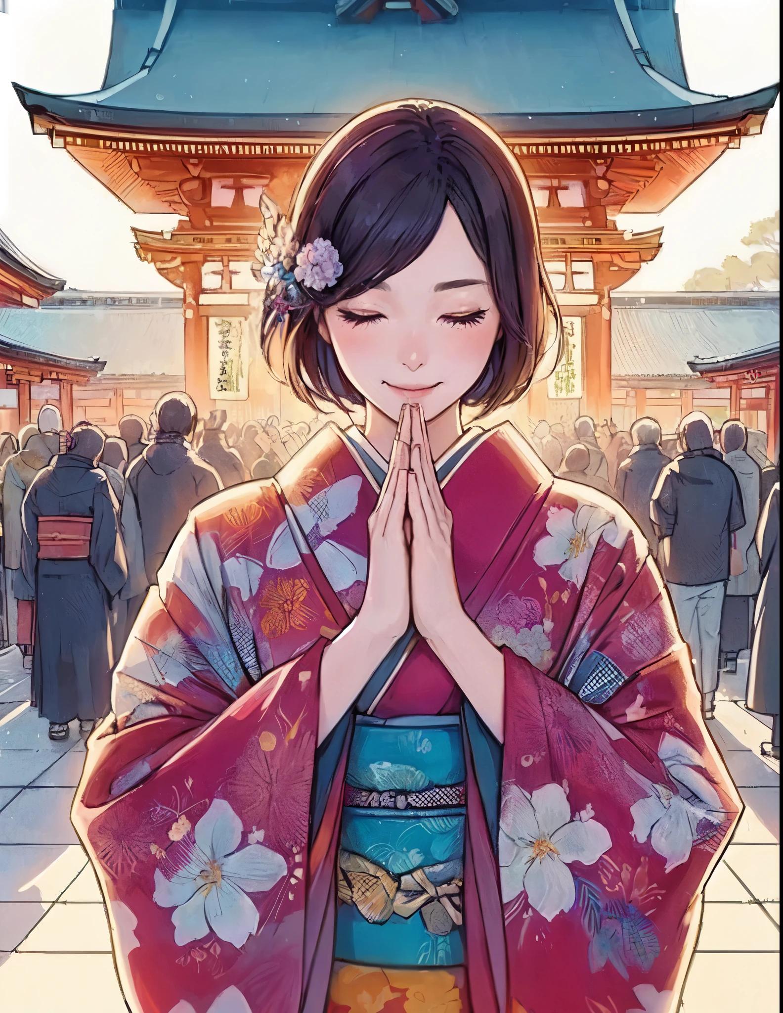 1lady solo, (bringing palms together (in front of face:1.2):1.2), (vibrant kimono) flower ornament, mature female, /(dark brown hair/) bangs, blush light smile (eyes lightly closed:1.1), (masterpiece best quality:1.2) delicate illustration ultra-detailed, large breasts BREAK (Japanese shrine outdoors), (New Year's Day) winter, /(bricks road/), crowded