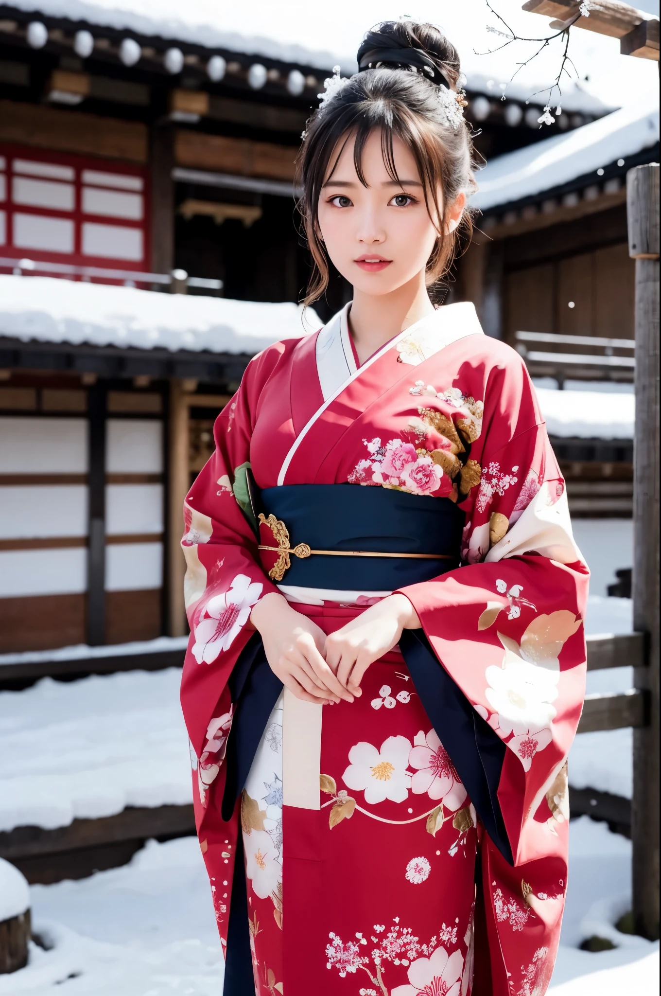 Hot Spring Village in Japan, snowy landscape, (falling snow:1.3), A beautiful Japanese girl in a brilliant Kimono, solo, masterpiece, Best Quality, 8K, ultra high-resolution, (Photorealistic:1.4), cowboy shot, Japanese Idol, Extremely cute, elegant, voluptuous, parted lips, glossy skin, cinematic composition, professional warm lighting and shading, extremely detailed eyes and face, eyes with beautiful details, insanely detailed realistic skin texture, (correct body balance, accurate hands, accurate eyes)