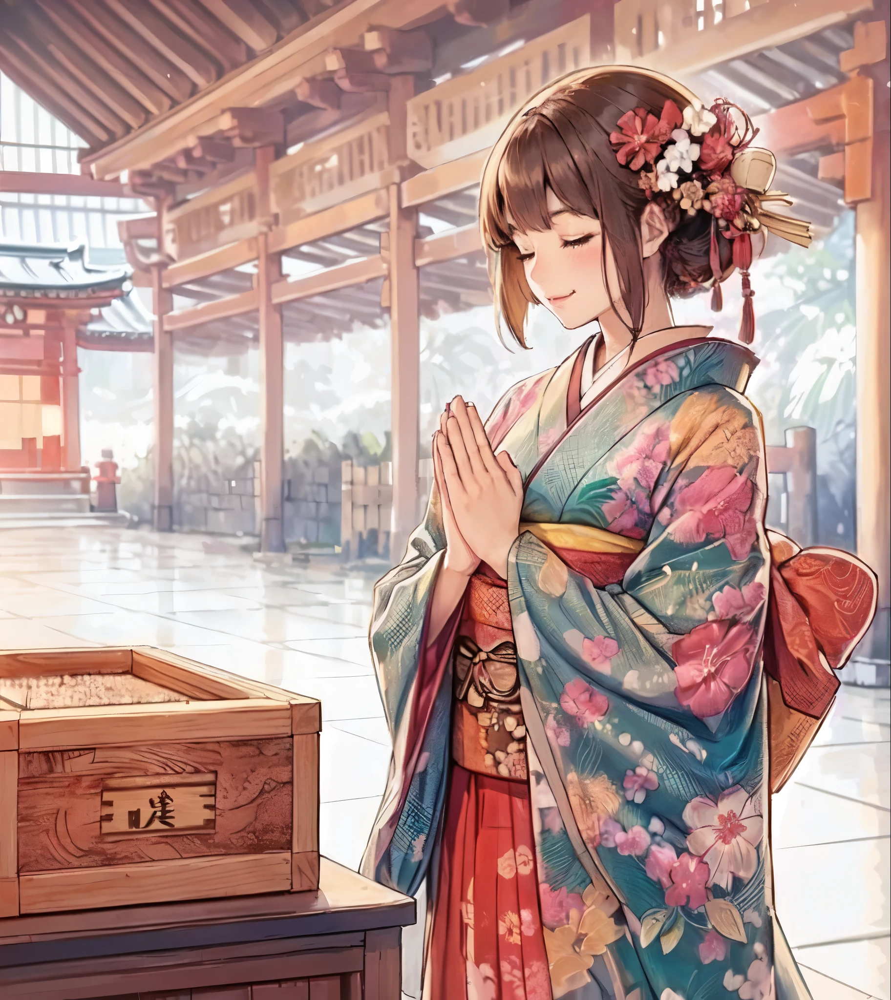 1lady solo, (bringing palms together (in front of face:1.2):1.2), (vibrant kimono) flower ornament, mature female, /(dark brown hair/) bangs, blush light smile (eyes lightly closed:1.1), (masterpiece best quality:1.2) delicate illustration ultra-detailed, large breasts BREAK (Japanese shrine outdoors), (New Year's Day) winter, /(bricks road/), crowded