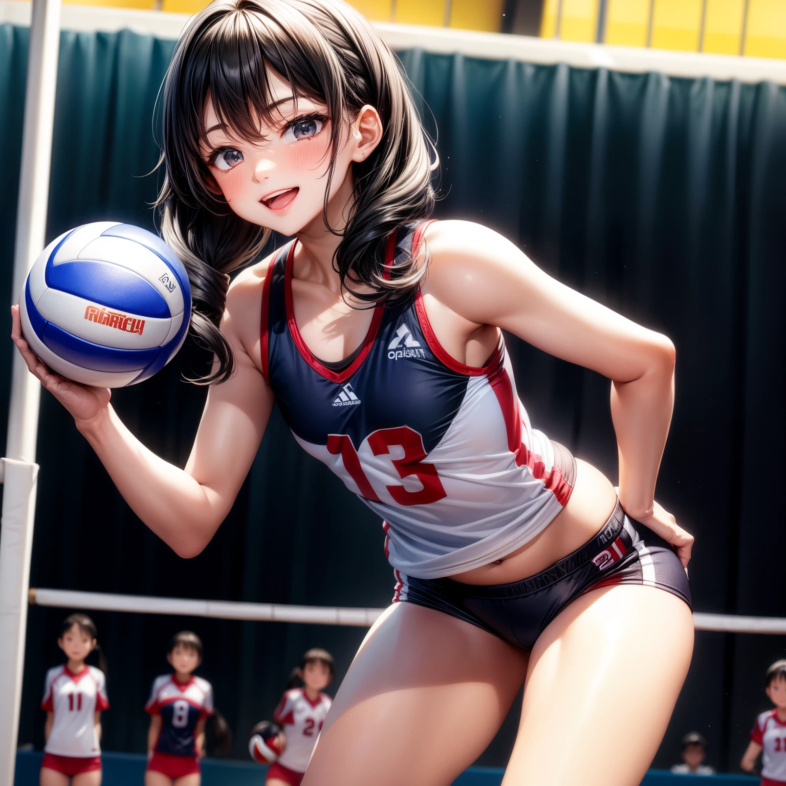 Anime girl in a volleyball uniform holding a volleyball ball - SeaArt AI