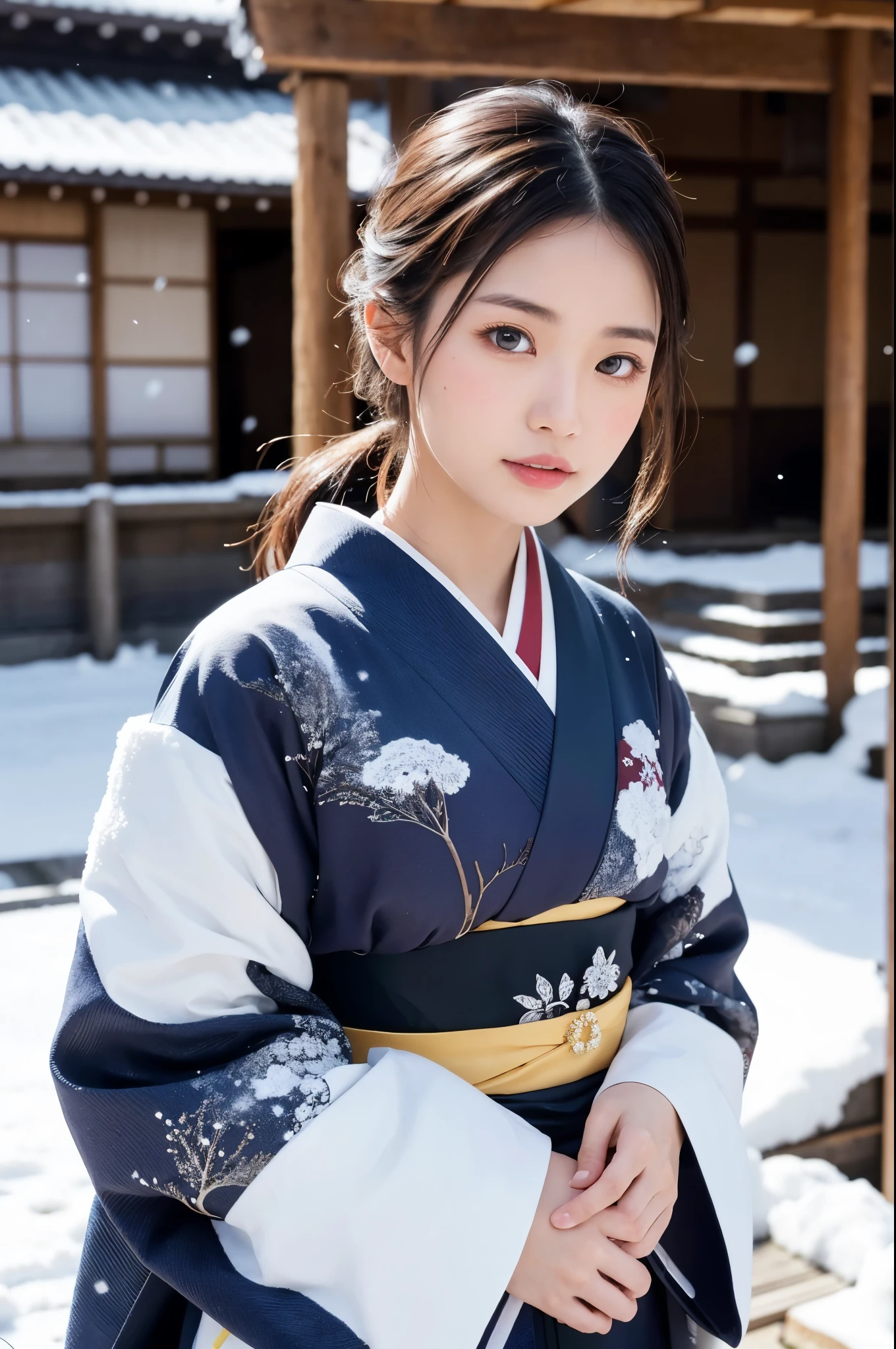 Hot Spring Village in Japan, snowy landscape, (falling snow:1.3), A beautiful Japanese girl in a brilliant Kimono, solo, masterpiece, Best Quality, 8K, ultra high-resolution, (Photorealistic:1.4), cowboy shot, Japanese Idol, Extremely cute, elegant, voluptuous, parted lips, glossy skin, cinematic composition, professional warm lighting and shading, extremely detailed eyes and face, eyes with beautiful details, insanely detailed realistic skin texture, (correct body balance, accurate hands, accurate eyes)