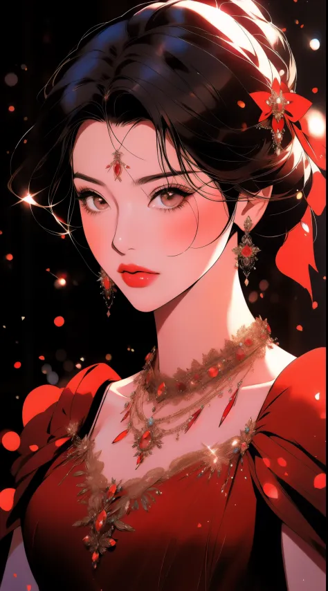a close up of a woman in a red dress with a necklace, artgerm on artstation pixiv, sakimi chan, extremely detailed artgerm, saki...