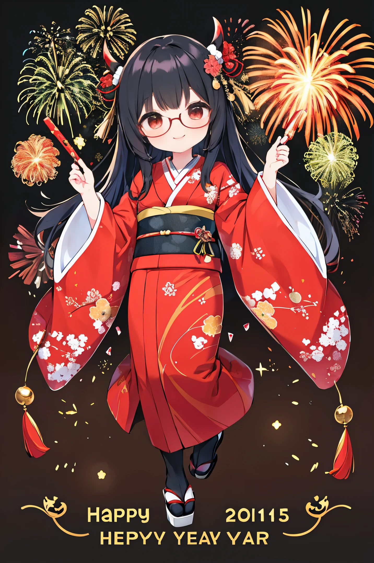 "anime girl, 1 person, black hair, shoulder length hair, red eyes, glasses, white horns, wearing kimono, kimono outfit, black kimono with red patterns, details, big breasts, long stockings, sinister smile  , small black wings on the back, solo,chibi, full body, viewed from different directions, festival, New Year's Eve, New Year's Eve fireworks, watching fireworks (sharp image)"