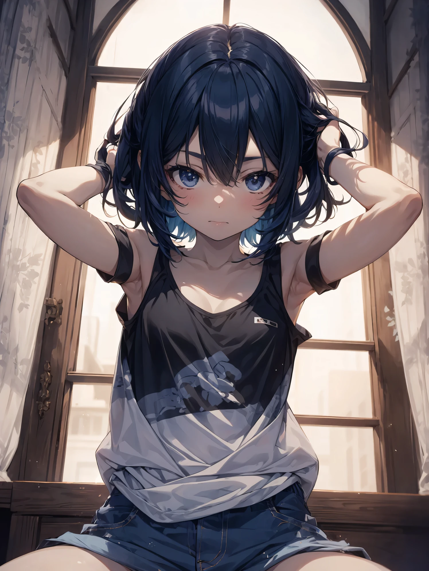 Anime girl sitting on a window sill with her hands on her head - SeaArt AI