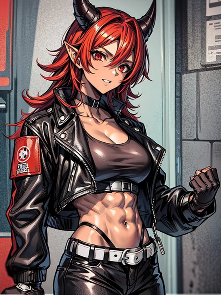 red hair, 1girl, horns, short leather jacket, sleeves, curly red hair, gradient hair, red eyes, detailed red eyes, (brown skin 1.5), dark-skinned woman, abs, gloves, black outfit, pants, torn pants, choker, belt, pointed ears, dark skin, solo, dynamic pose