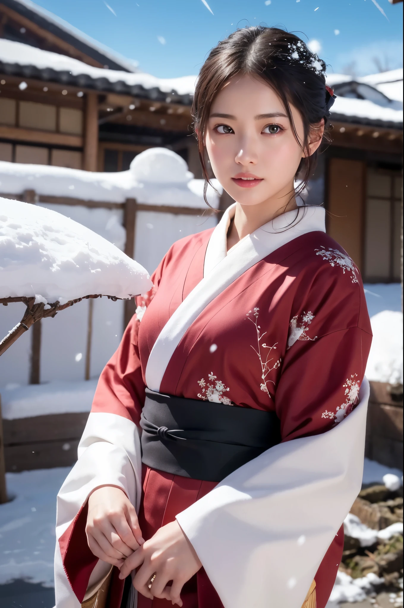 Hot Spring Village in Japan, snowy landscape, (falling snow, Snow fluttering in the wind:1.3), A beautiful Japanese girl in a brilliant Kimono, solo, masterpiece, Best Quality, 8K, ultra high-resolution, (Photorealistic:1.4), cowboy shot, Japanese Idol, Extremely cute, elegant, Slightly bewitching, parted lips, glossy skin, cinematic composition, professional warm lighting and shading, extremely detailed eyes and face, eyes with beautiful details, insanely detailed realistic skin texture, (correct body balance, accurate hands, accurate eyes)