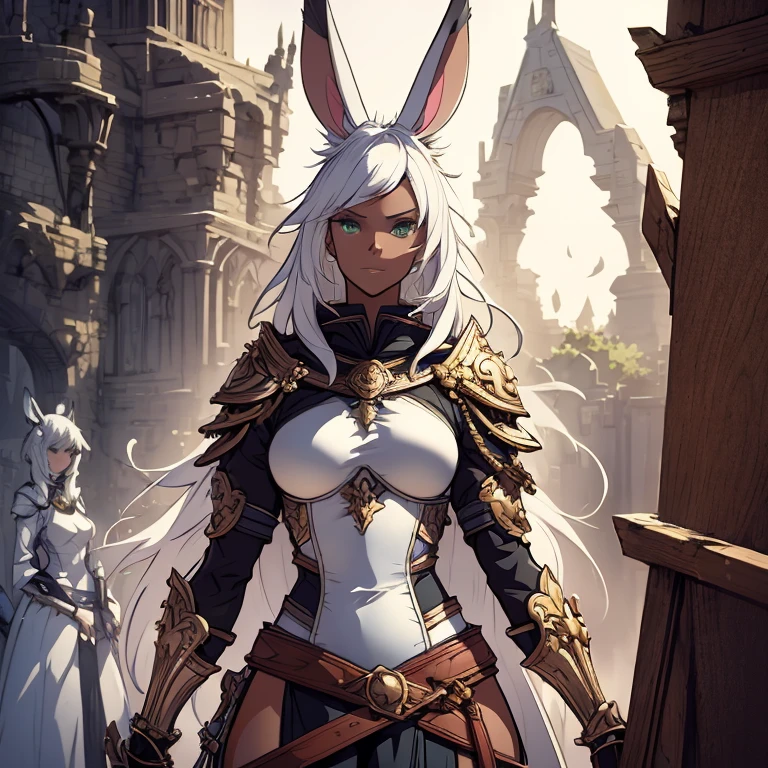 Best quality, masterpiece, super detailed high resolution, (realistic: 1.4), full bodyview, solo, 1 Girl Holding swords, two short sword, one sword in each hand, (Solo Exhibition: 1.2), open white fur mantle, abs, toned body, muscle, Earrings, messy_long_hair, Movie Lights, lens_flare, dark brown skin, brown skin, dark skin, ebony skin, green eyes, white hair, white rabbit ears, swords unsheathed,