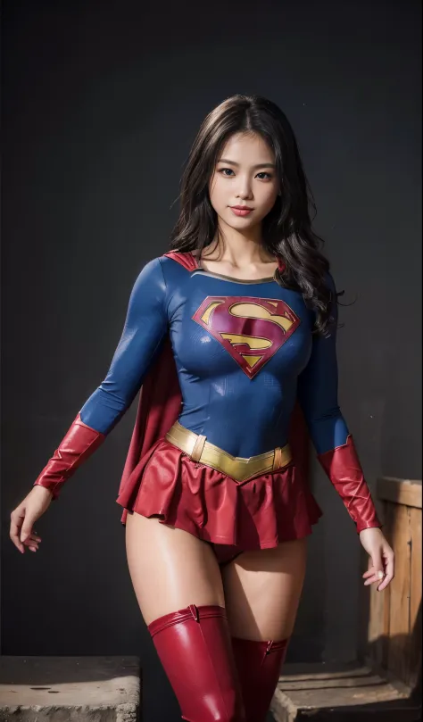 No background、Are sleeping、lying back on、(((Wear black tights on your beautiful legs.)))、(((Grow legs、tall、Legally express the beauty of your smile)))、((((Make the most of the original image)))、(((Supergirl Costume)))、(((beautiful hairl)))、(((Suffering)))、...
