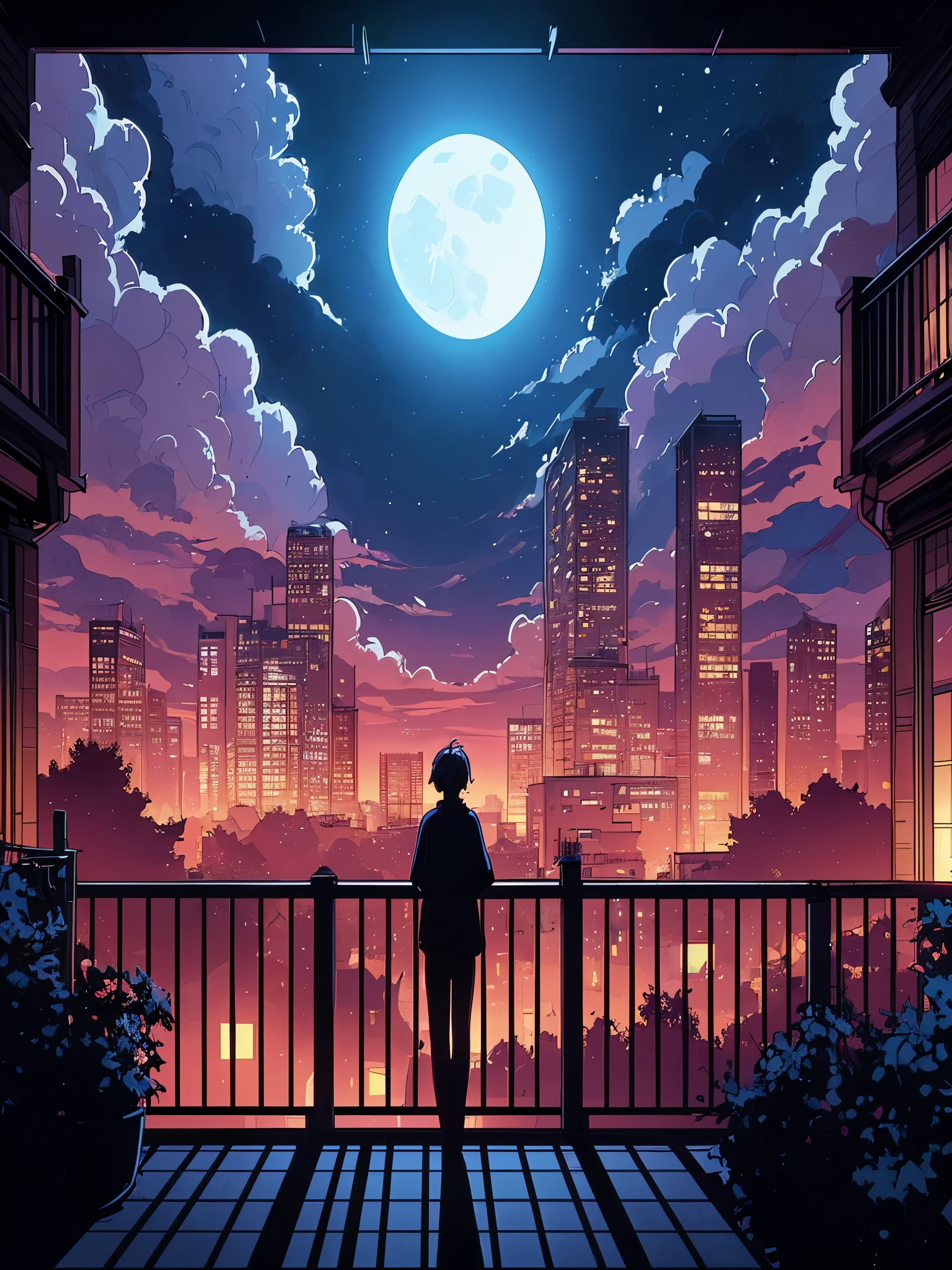Zeichnen Sie eine digitale, einfache Anime-Strichzeichnung einer weiten Lofi-Szene mit Aussicht vom Balkon, ein weiteres Gebäude sichtbar mit Silhouette von Menschen, die auf ihrem Balkon stehen, schwaches Mondlicht,, schwachem Licht, schöner bewölkter Himmel, lebendige Farbtöne, Meisterwerk, friedliche Szene