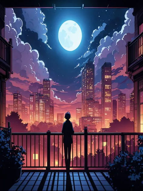 Draw an digital simple anime line art of wide lofi scene of view from balcony, another building visble with silhouette of people...