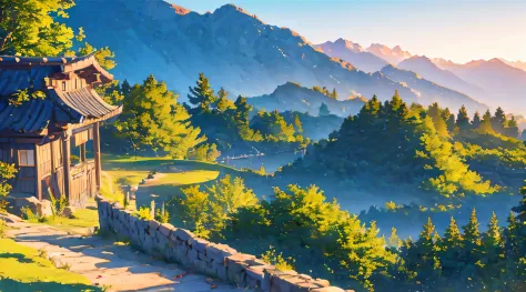 Makoto Shinkai's style，early evening，A mountain road up the mountain，in ancient，Faraway view，without humans，no buildings