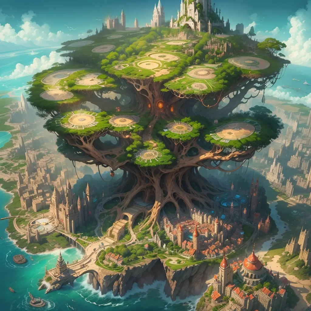 The farthest aerial view, an island in the sea, There is a huge spiritual tree on the island that is as huge as the world, This ...