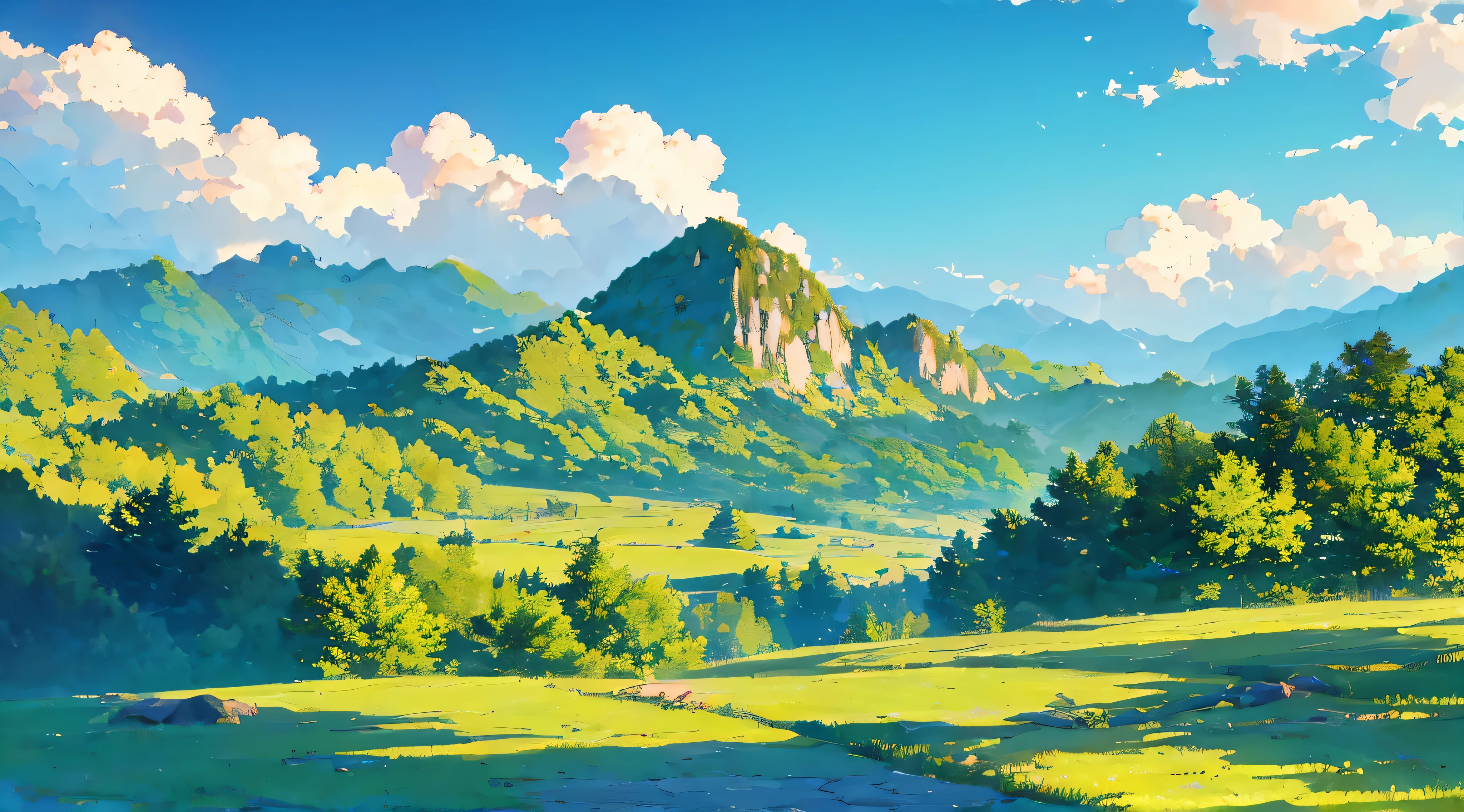 O estilo de Makoto Shinkai，Uma estrada de montanha subindo a montanha，na antiguidade，Vista distante，sem humanos，Sem edifícios