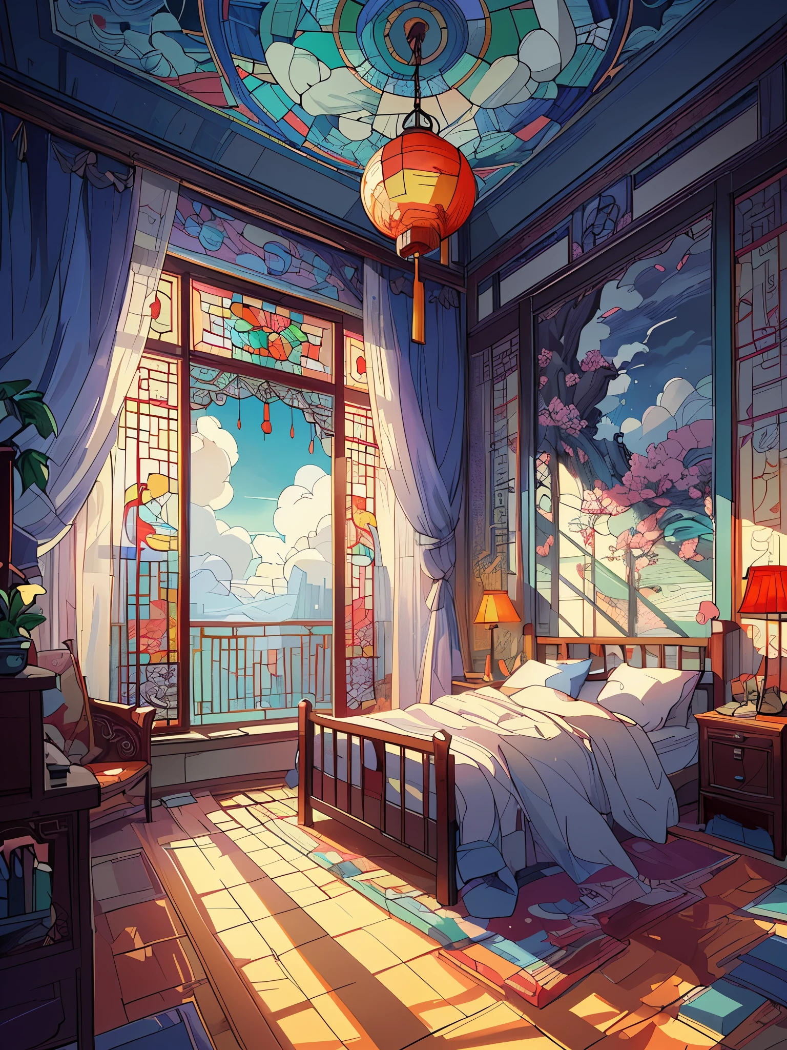 Draw an digital simple anime of wide lofi scene of bedroom of Chengez Khan, Chinese theme, dim light, beautiful cloudy sky, stained glass, vibrant color tones, masterpiece, peaceful scene