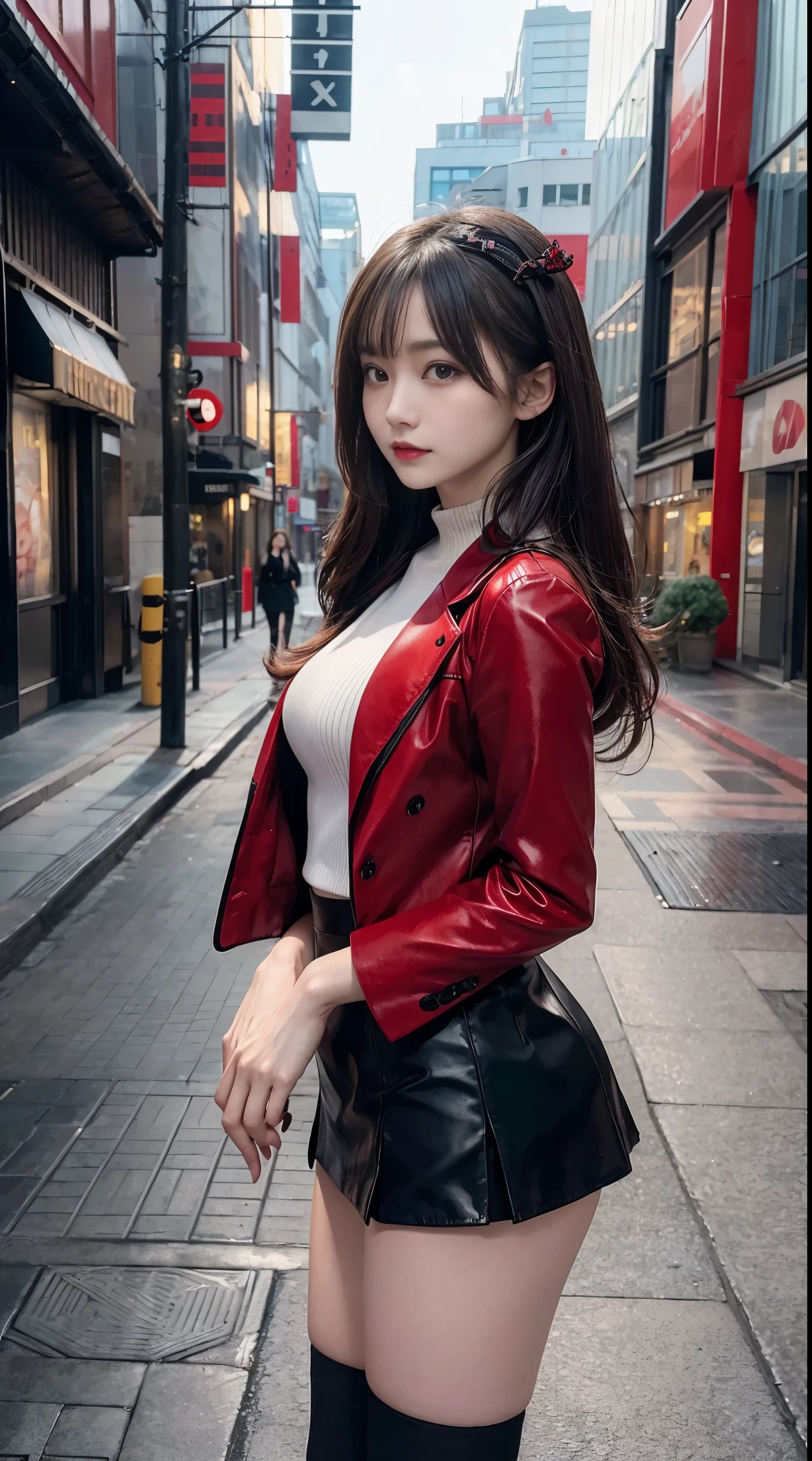 highres,masterpiece,best quality,extremely detailed,nsfw,1girl,city, street,arms behind back,sexy short black skirt, sexy red coat, slender body, full body shot, beautiful Japanese gravure idol