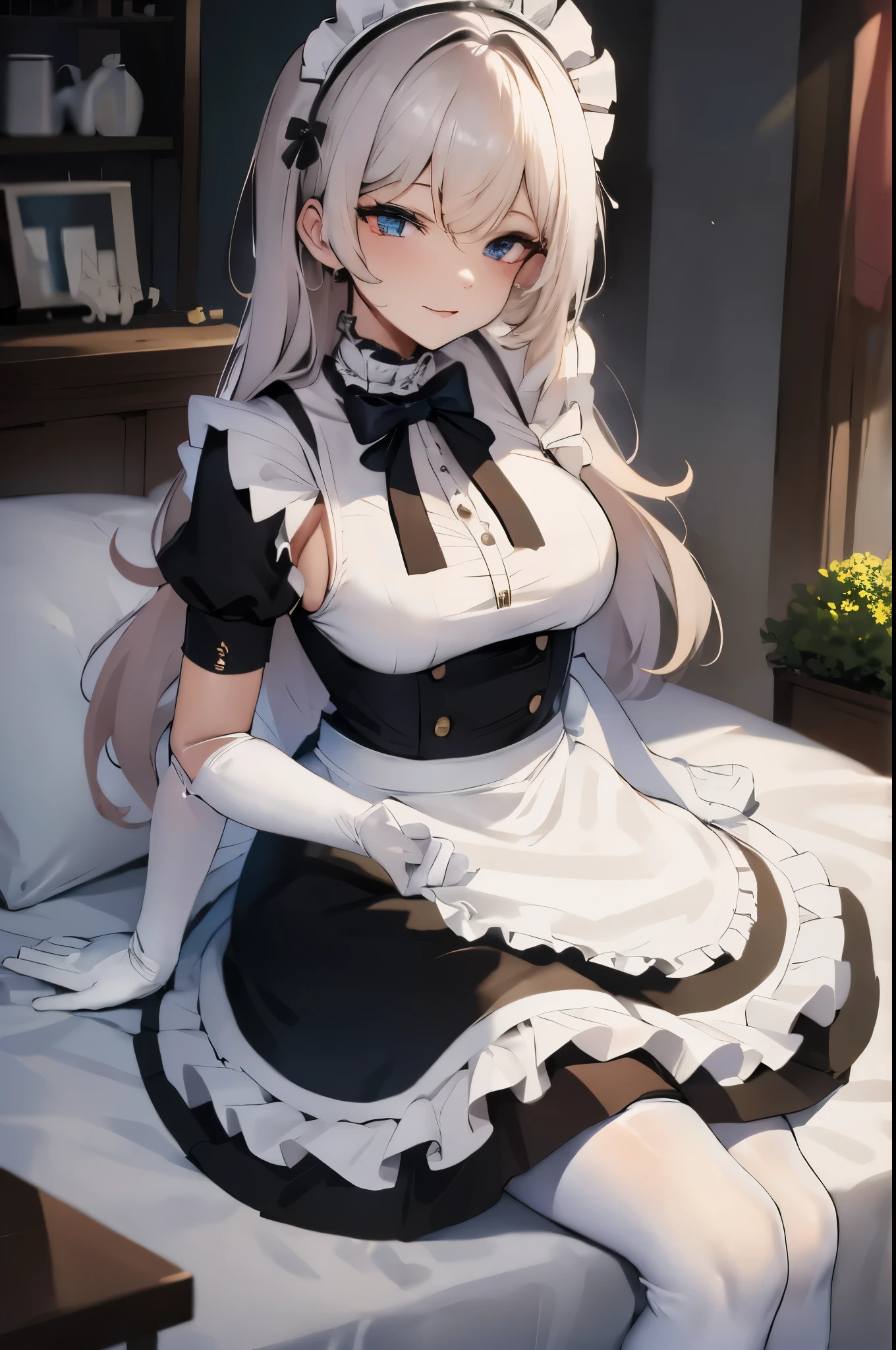 Anime girl in maid outfit sitting on bed with white sheets - SeaArt AI