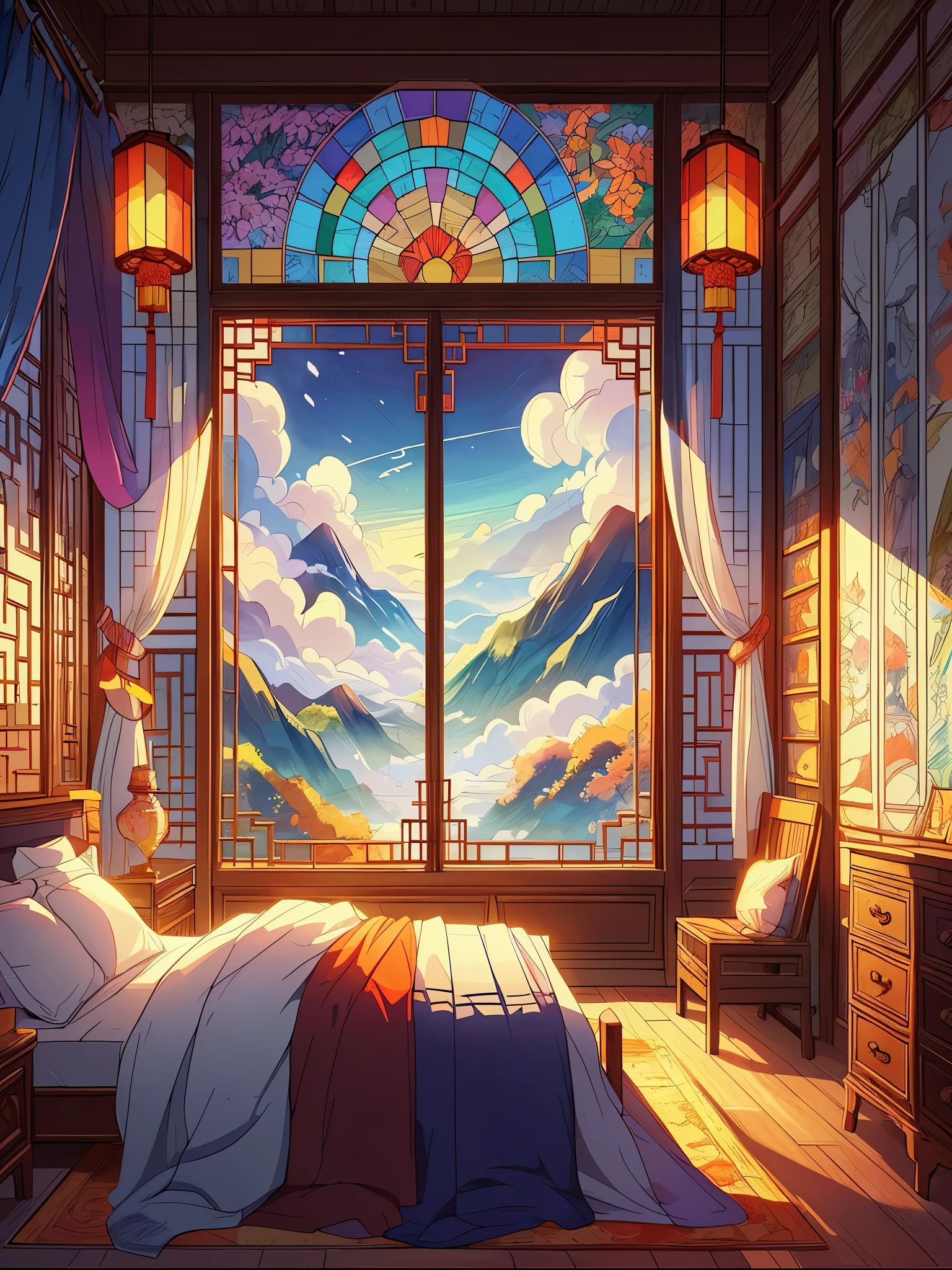 Draw an digital simple anime of wide lofi scene of bedroom of Chengez Khan, Chinese theme, dim light, beautiful cloudy sky, stained glass, vibrant color tones, masterpiece, peaceful scene