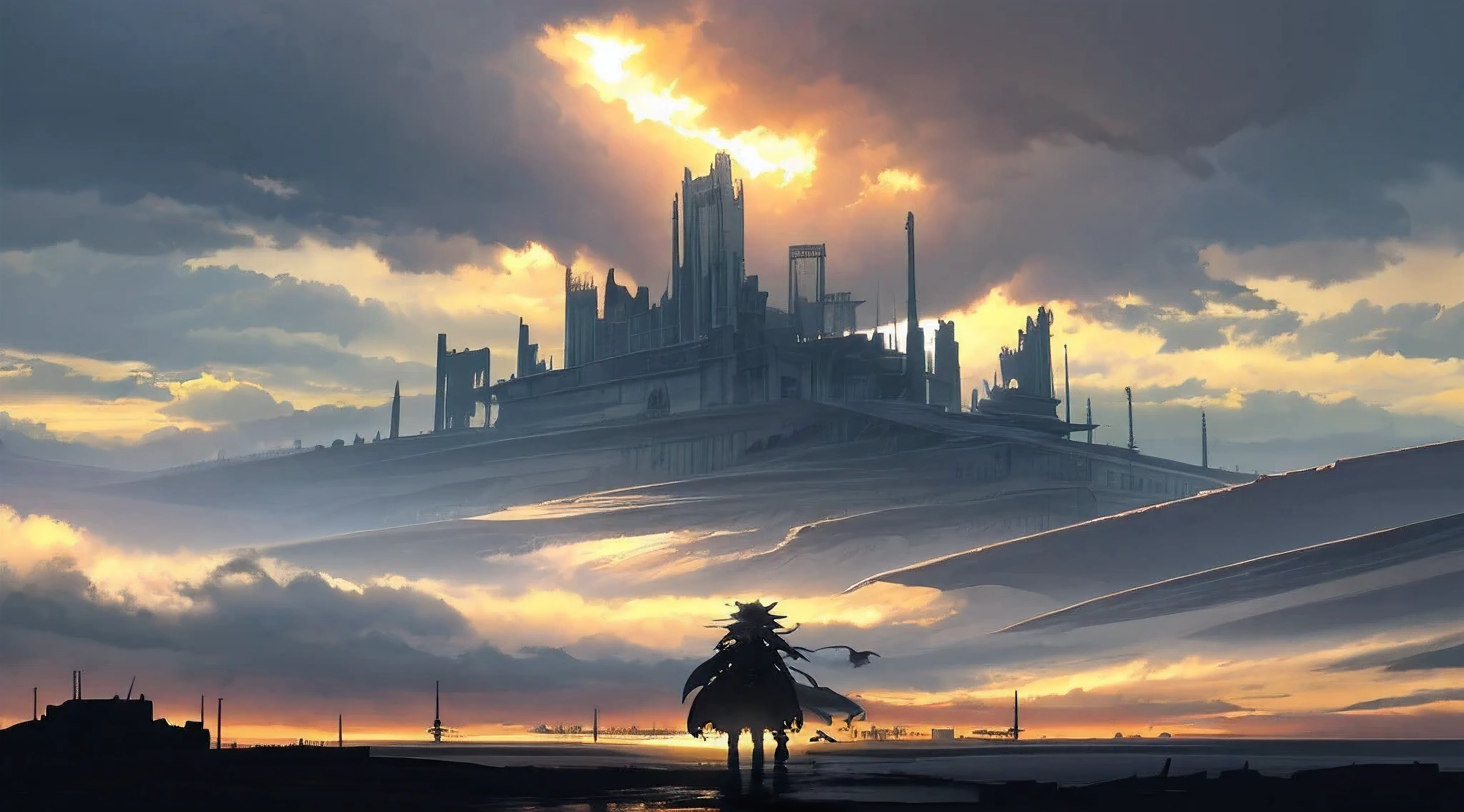 intense shading,The landscape,cumulus cloud_full,suns,Rim light intensity,Extremely ridiculous,The file size is large,Wallpapers,tower,booru,relic,