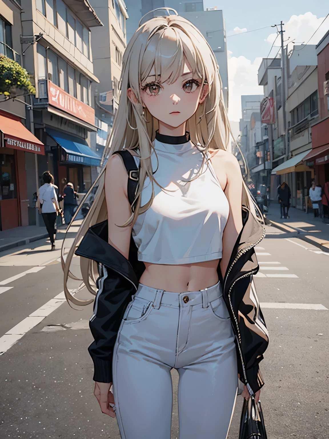 Anime girl with long blonde hair and white top standing on street - SeaArt  AI