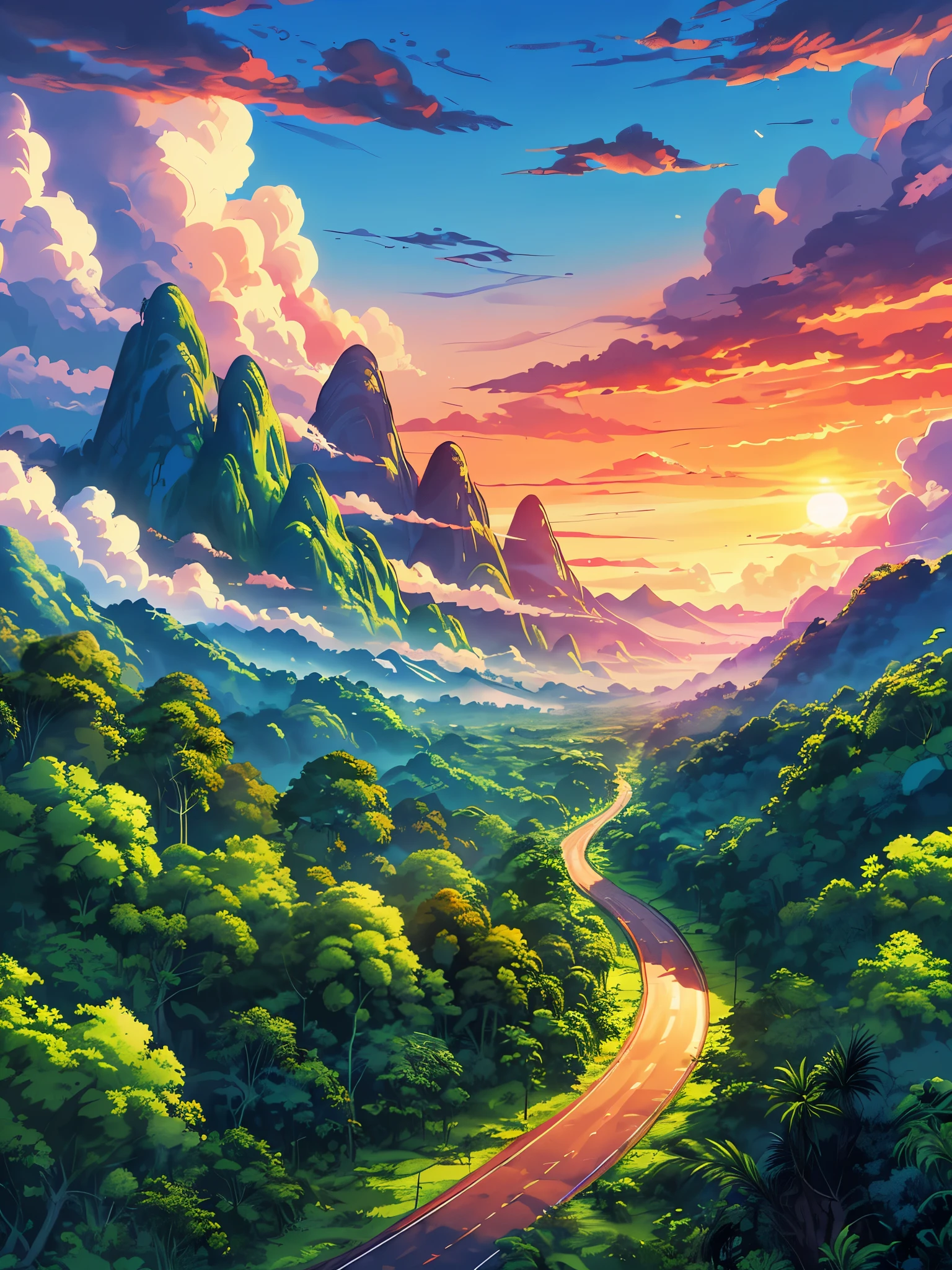 Draw an digital simple anime aerial scene of wide lofi scene of road through amazing amazon rainforest, lush green peaks, sunset, controlled dim light, beautiful cloudy sky, vibrant color tones, masterpiece, peaceful scene