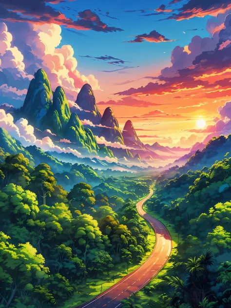 Draw an digital simple anime aerial scene of wide lofi scene of road through amazing amazon rainforest, lush green peaks, sunset...