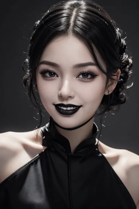 Best quality, masterpiece, ultra high res, photorealistic, raw photo, unity 8k wallpaper,(black lips:1.3),(black eyeshadow:1.arted lips,,(evil smile:1.1)