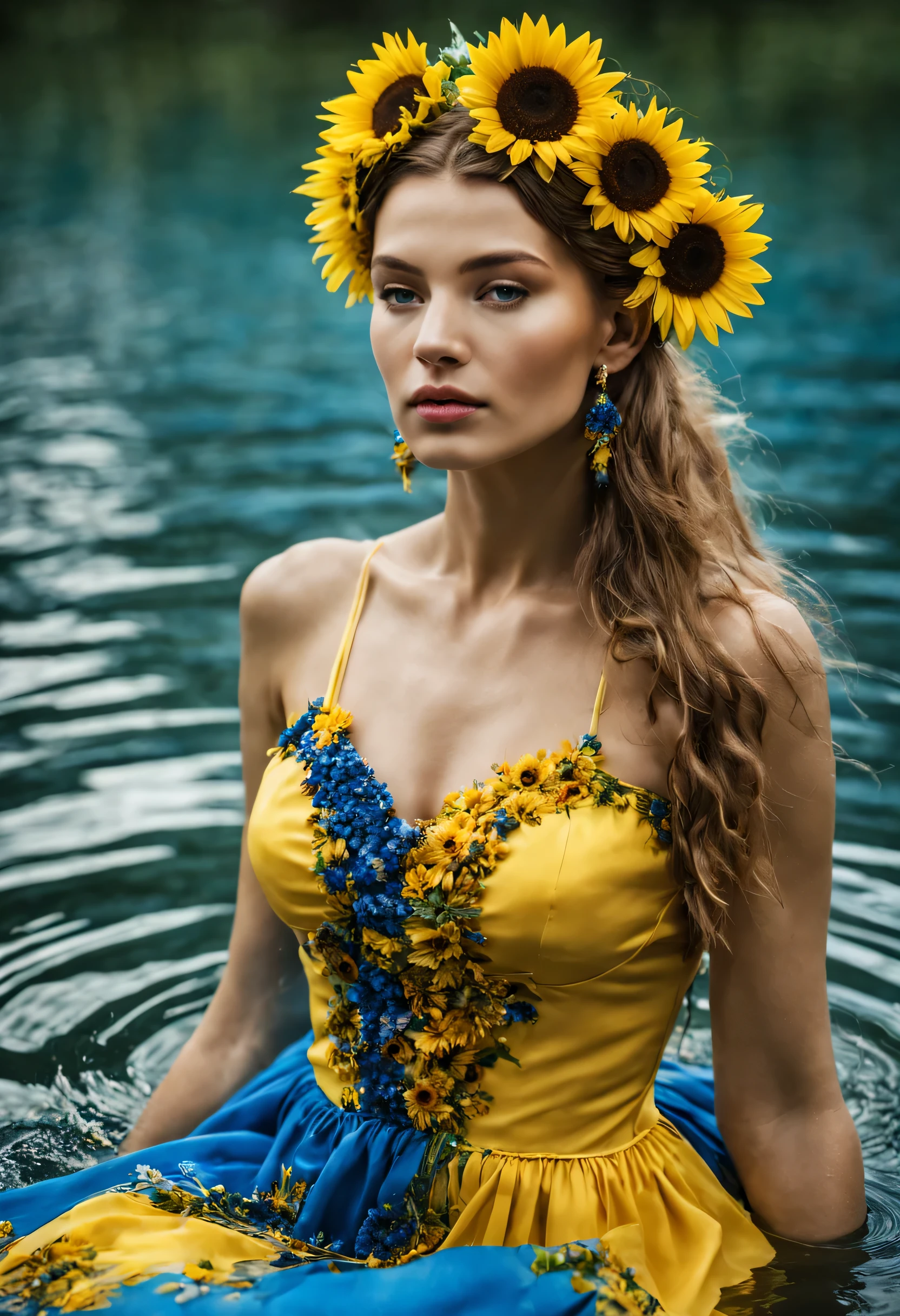 ((Top Qualität, 8K)), (realistisch), (Gesichtsfokus: 1.1), (Gelb,Blau: 1.3), ukrainisch woman in a dress that is in the water, Nahaufnahme Fantasie mit Wassermagie, künstlerische Modefotografie, Viele Merlo, inspiriert von Irakli Nadar, inspired by Franz Xaver Winterhalter, mit blühenden Blumen um sie herum, inspiriert von Tatiana Hordiienko, jean-sebastien rossbach, karol bak uhd, Ausgabe. ukrainisches Blumenstirnband, Sonnenblumen, Vyshyvanka-Kleid, Pompons, ukrainisch flag, flag, ukrainisch,  (verführerisch), (erotisch), (riesige Brüste，wohlgeformte Figur, Gut gut, (offene Brust) , oben ohne,(offene Brust)