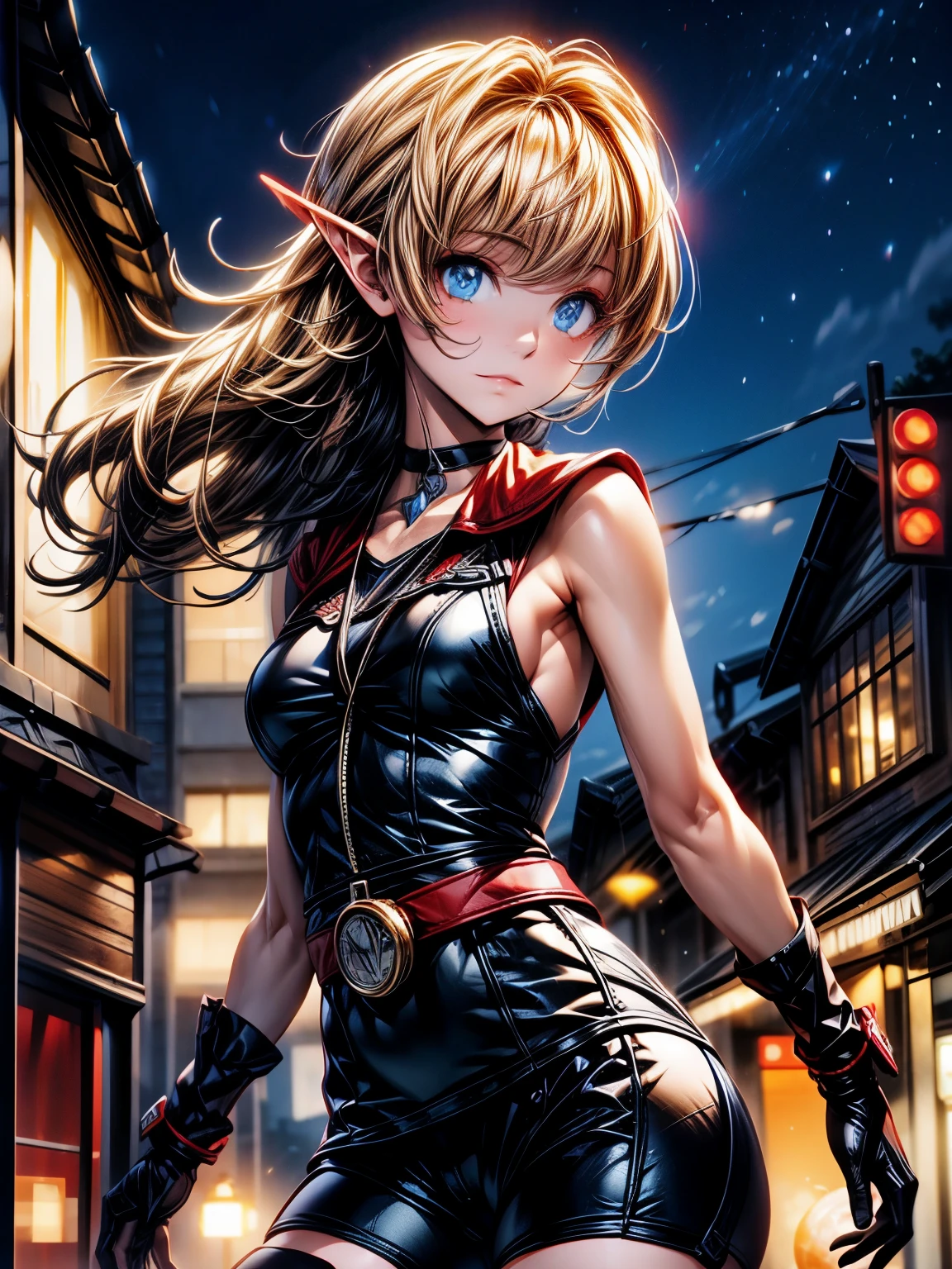 Nsfw,(master part, 4k resolution, ultra-realistic, highy detailed), (Charismatic,  at the top of the city), fully body, (blue colored eyes:1.2), natta, dynamic lights), (fullmoon))], Torn clothes, Elf female