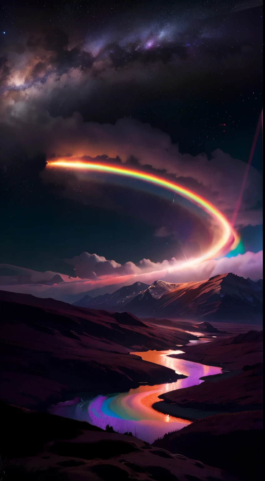 Close up of iridescent circle in the sky. The scene features a rainbow resembling air.、Full of iridescent clouds. This is such a colorful haven. Clouds are iridescent、Illuminated by the holy halo. The scene has、Also included are clear iridescent galaxies and stormy seas. I see a rainbow in the sky, Surrounded by synchrotron halos. The scene has、There are also ethereal rainbow nimbass and bright rainbow ninbus, As well as prism halo. A space that shines in rainbow colors, Illuminated by the light of heaven. This is、One of the most beautiful images ever created, purple light sky, beautiful woman right in front of camera, low light face, siluet face, beautiful rainbow colour in back of her