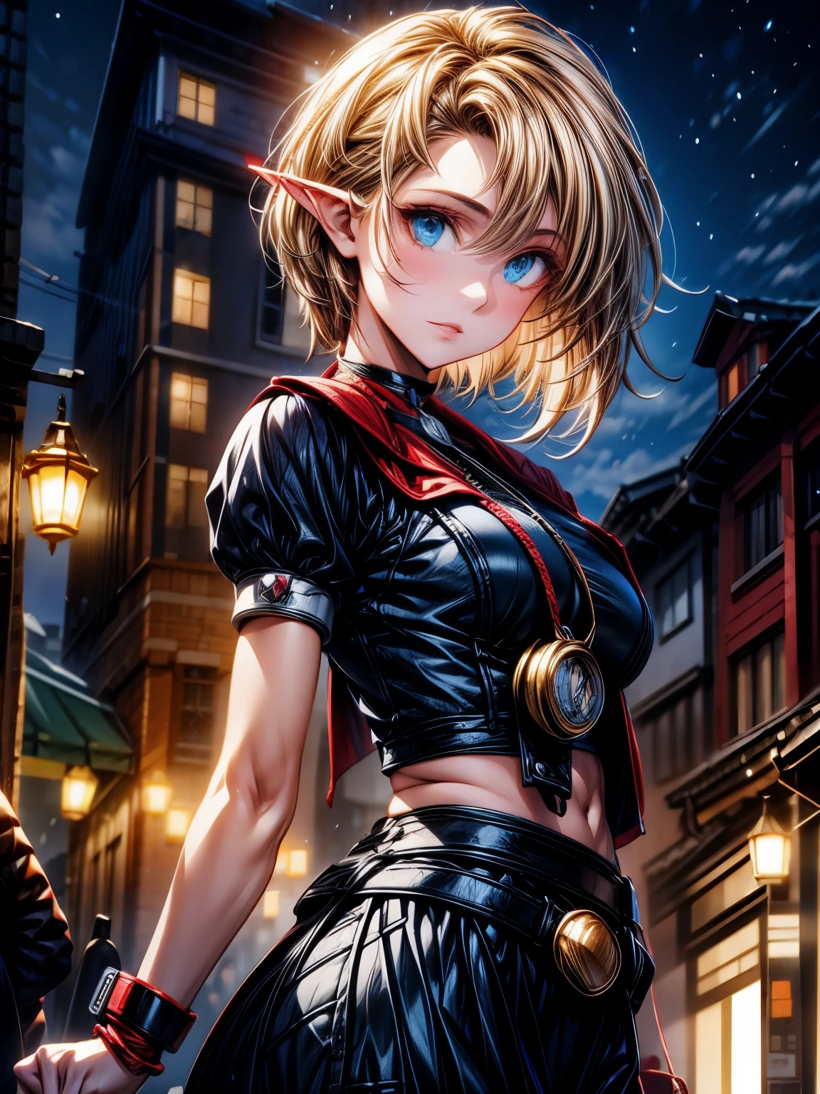 Nsfw,(master part, 4k resolution, ultra-realistic, highy detailed), (Charismatic,  at the top of the city), fully body, (blue colored eyes:1.2), natta, dynamic lights), (fullmoon))], Torn clothes, Elf female