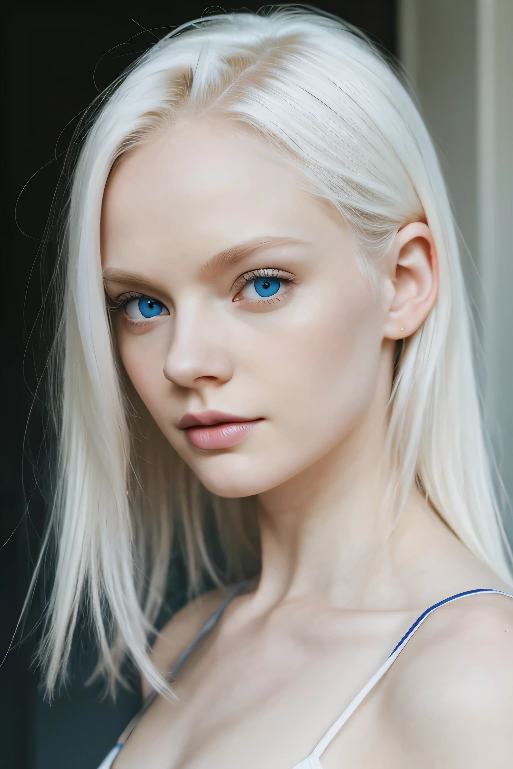 cute albino supermodel face, cara en forma de corazón, pequeña cara de pug, ojos redondos y azules vivos, labios llenos y exuberantes, albino piel pálida, Textura de piel perfecta, Real, Foto, sombras suaves, Sin maquillaje, pómulos altos, gran frente alienígena, shoulder length loose pelo blanco, pequeña y linda nariz, línea de mandíbula fuerte, cejas blancas, cabeza vuelta, ojos mirando a la cámara, pelo que sopla el viento, pelo blanco, albino