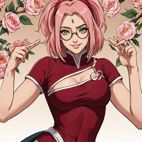 obra maestra， la mejor calidad en el mejor de los casos， sakura haruno， senos grandes，is shy，they are smiling，con cabello rosado...