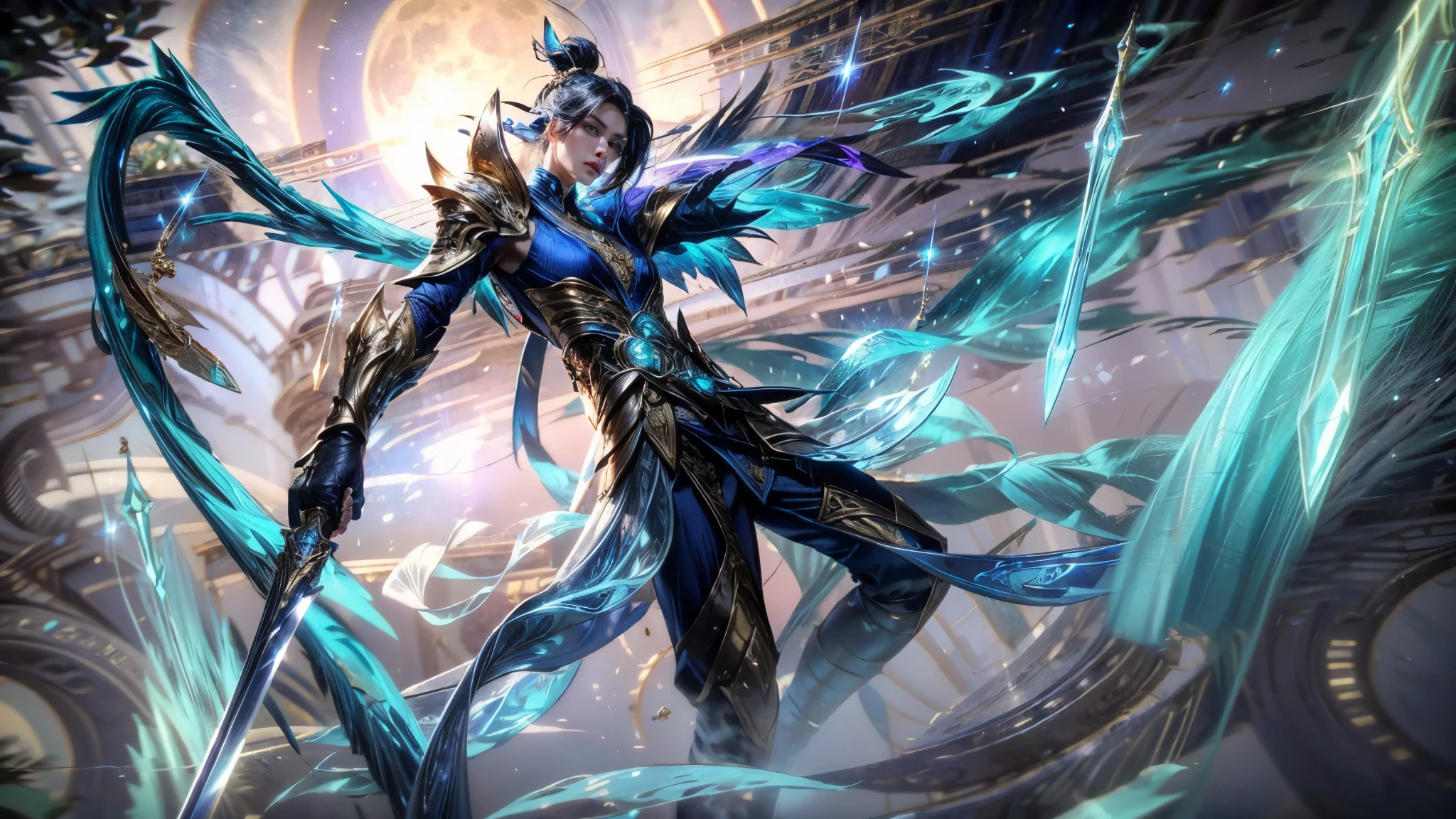 (best quality,4k,8k,highres,masterpiece:1.2),ultra-detailed,(realistic,photorealistic,photo-realistic:1.37), Ling from Mobile legend gamea small wing on the back, one arm, holding a sword firmly, blue auras,black hair with a blue part,luminous personality, detailed clothes of a dark blue with golden armor plates, Chinese Xian xia hero,amazing detailed features,,enchanted atmosphere,perfect balance of light and shadow,vibrant colors, moon on the background,captivating gaze,heroic pose,graceful movement,ethereal beauty,elegant and regal,astrological elements, astral energy floating sword,jewelry that sparkles,