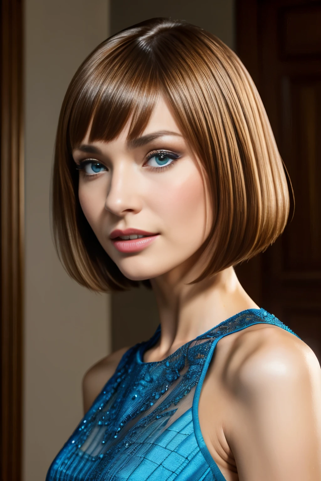 masutepiece, Best Quality, Photorealsitic, Ultra-detailed, finely detail, hight resolution, in 8K, bionde, One 30-year-old woman, stylish bob haircut, perfect hand, perfect hand指, A detailed face, Detailed lips, Detailed nose, detailed skin textures, see-through blue dress,
