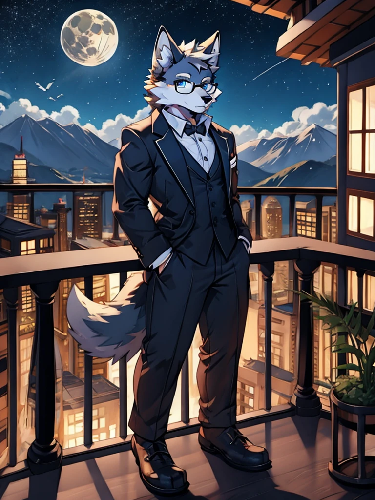 solo, wolf, male, tall, white fur, deep blue eyes, tuxedo, glasses, stand, wave hands, open balcony, mountains, full moon, full body