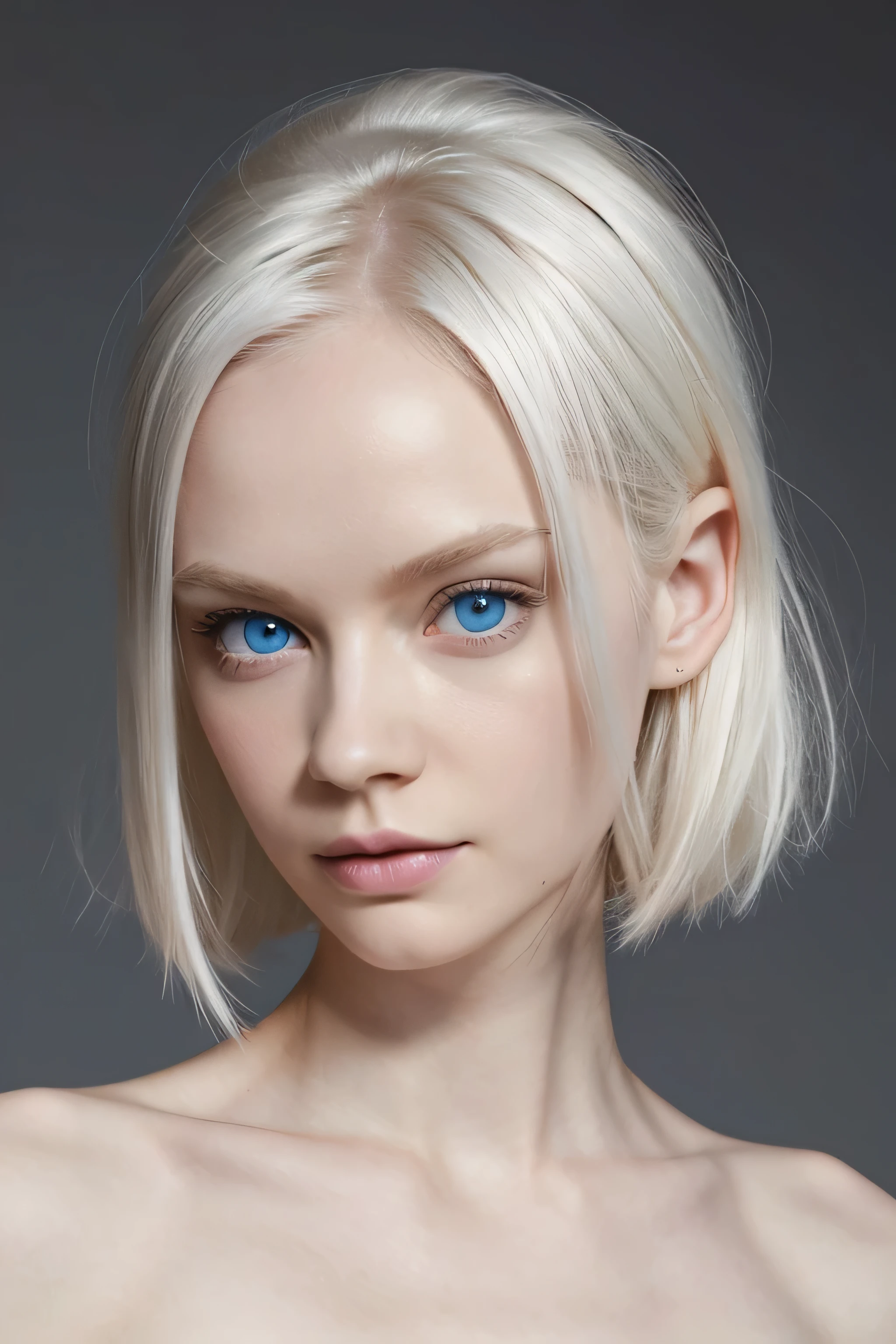 cute albino supermodel face, cara en forma de corazón, pequeña cara de pug, ojos redondos y azules vivos, labios llenos y exuberantes, albino Piel pálida, Textura de piel perfecta, Real, Foto, sombras suaves, Sin maquillaje, pómulos altos, gran frente alienígena, shoulder length loose pelo blanco, pequeña y linda nariz, línea de mandíbula fuerte, cejas blancas, cabeza vuelta, ojos mirando a la cámara, pelo que sopla el viento, pelo blanco, albino, cuerpo pequeño y delgado en marco, frente de extraterrestre lindo, pequeña cara de pug, ojos redondos y azules vivos, labios llenos y exuberantes, Piel pálida, Textura de piel perfecta, Real, Foto, sombras suaves, Sin maquillaje, pómulos altos, shoulder length loose pelo blanco, pequeña y linda nariz, línea de mandíbula fuerte, cejas blancas, desnudo, abdominales delgados, fuertes y atléticos, cintura delgada y magra, fitness delgado, de pie con fondo neutro oscuro, Pecho pequeño, pezones erectos, aleatorizar poses, sin censura