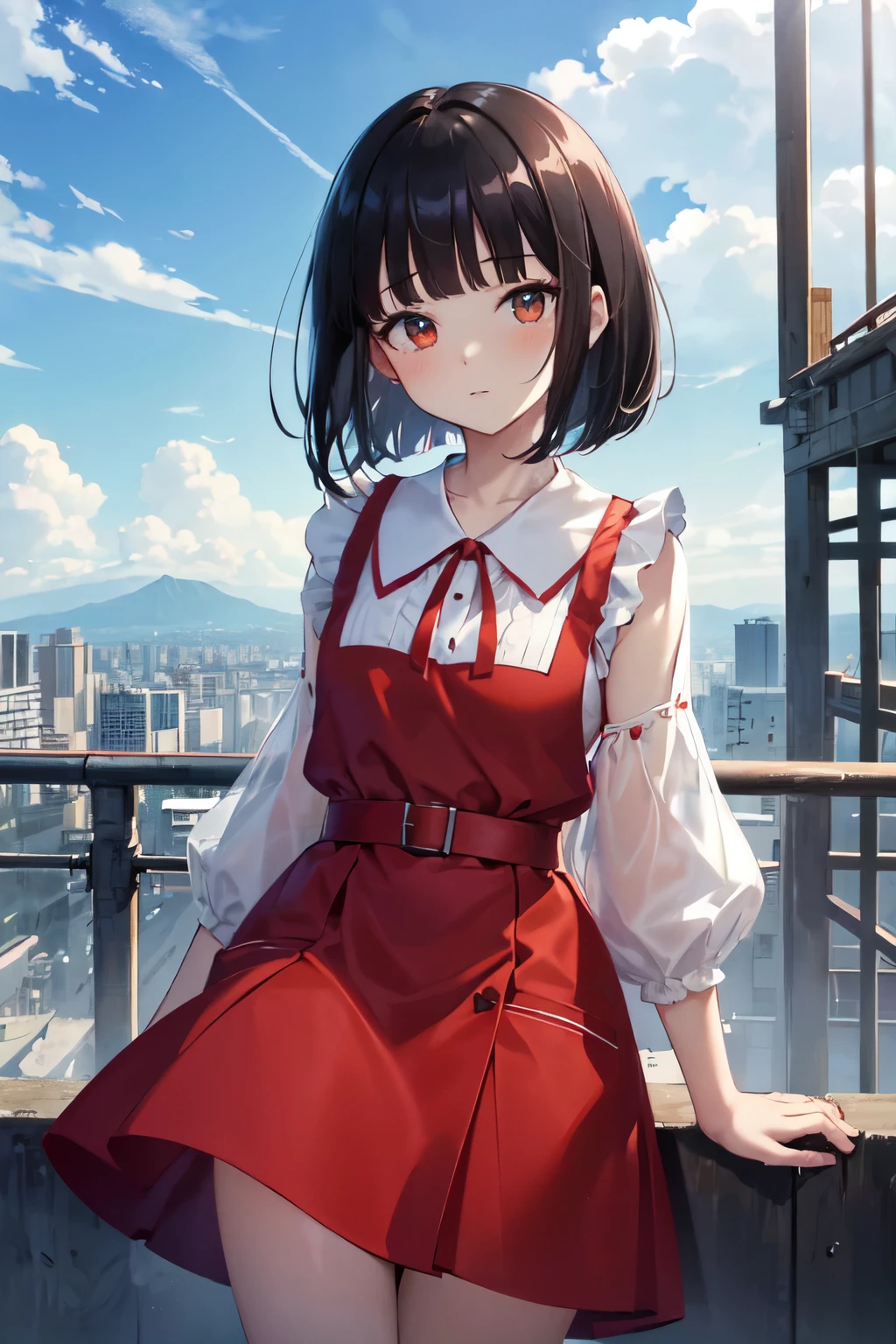 absurderes, hight resolution, (Anime style:1.1), ((masutepiece)), ((Best Quality)), (Ultra-detailed), (Beautiful), 独奏, Beautiful face、(liftup),Cute 5 year old girl looking down at the ground from bad scaffolding on top of a 2000m skyscraper,Slimed、short stature、Wind,ultra-detailed face,detailed eyes,red dress with patch pockets),White ruffled blouse,Jet black hair,bob cuts、blunt bangs,Brown eyes,Looking at Viewer,Cinema Lighting,Dramatic,Ancient cities、Skirt fluttering in the wind、Clouds below looking down、highland