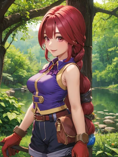 masterpiece, best quality, ultra detailed, ultra resolution, 1woman, double eyelid, perfect anatomy, Monica,red low-tied long hair, solo, upper body, smiling, MoniGe,brown gloves,shorts,pouch,sleeveless,belt,jewlery,purple shirt,  forest, lake, very slim